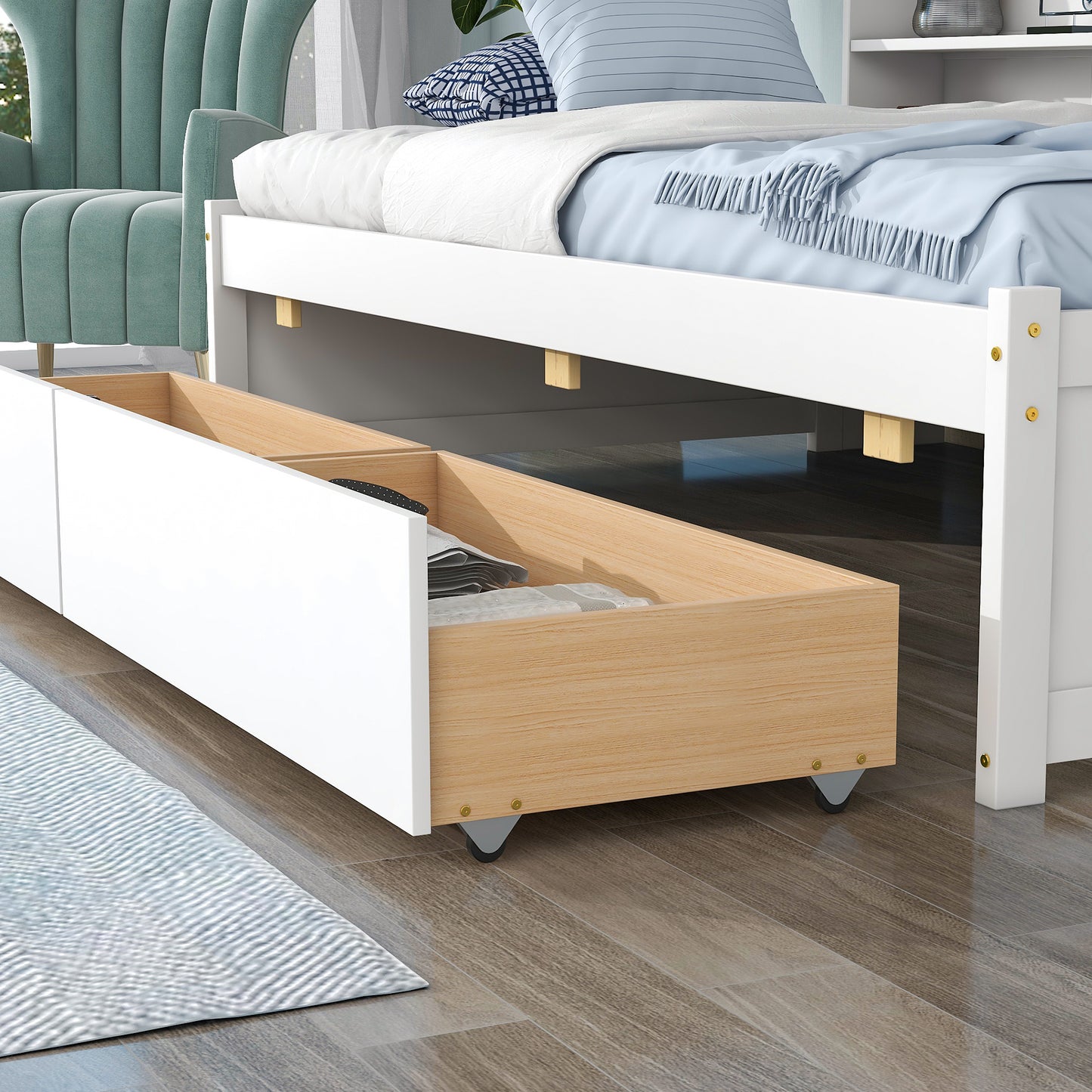 Twin Platform Bed with Side Bookcase, Drawers, White