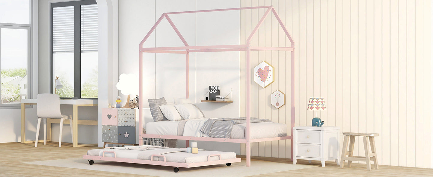 Twin Size Kids House Platform Bed With Trundle, Metal House Bed Pink