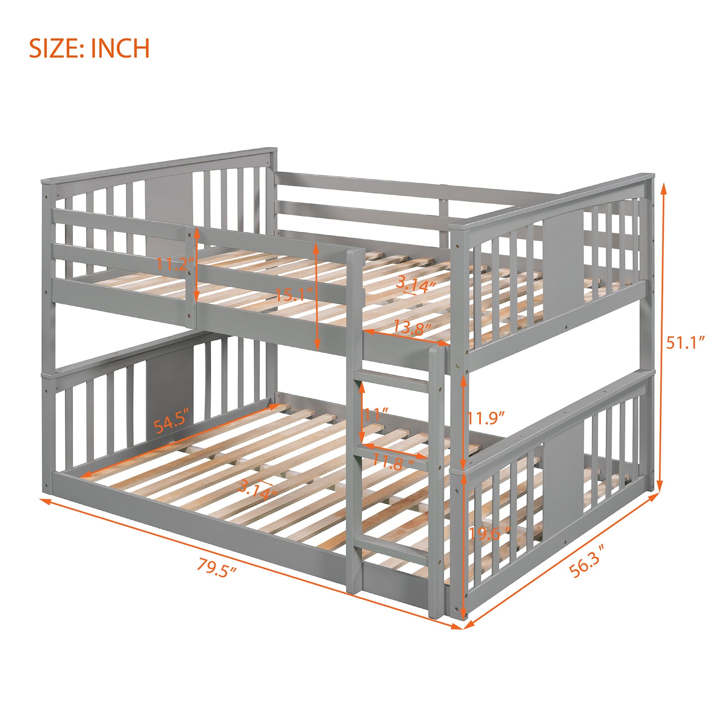 Full Over Full Bunk Bed with Ladder, Gray