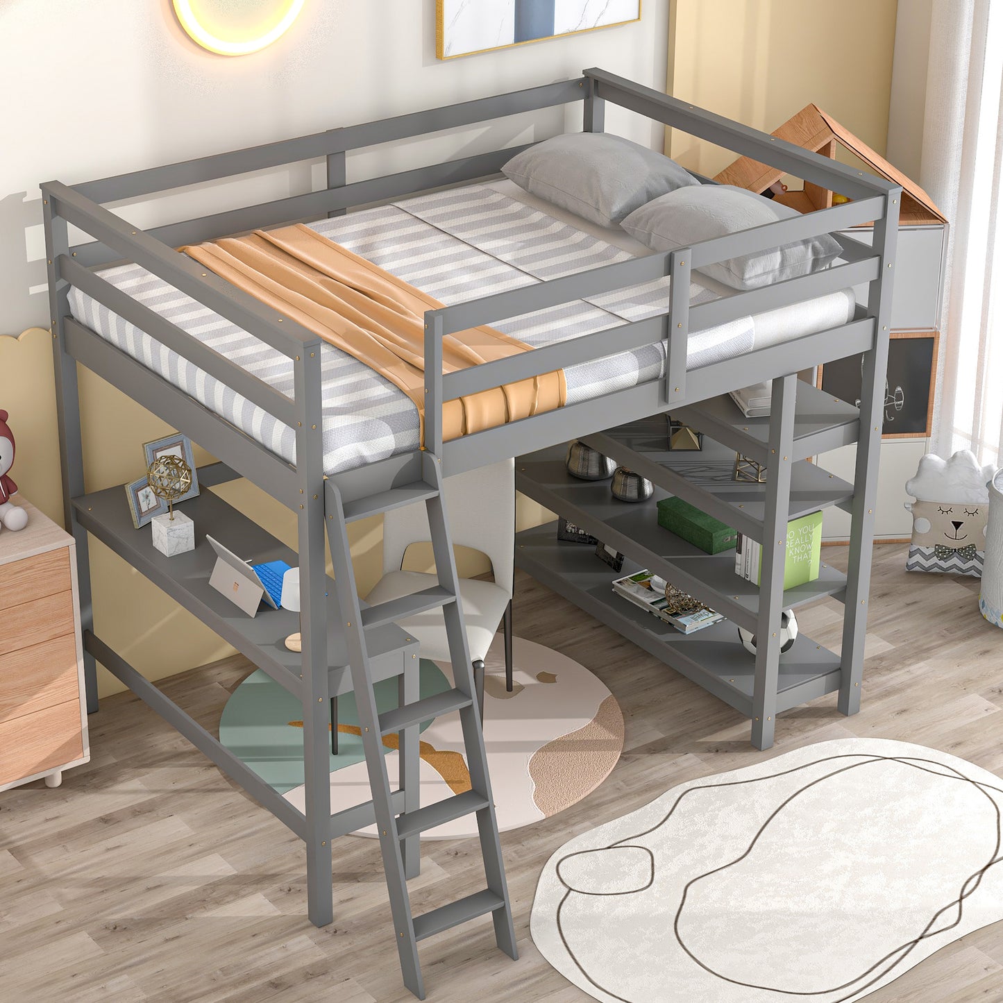 Loft Bed Full with desk,ladder,shelves , Grey