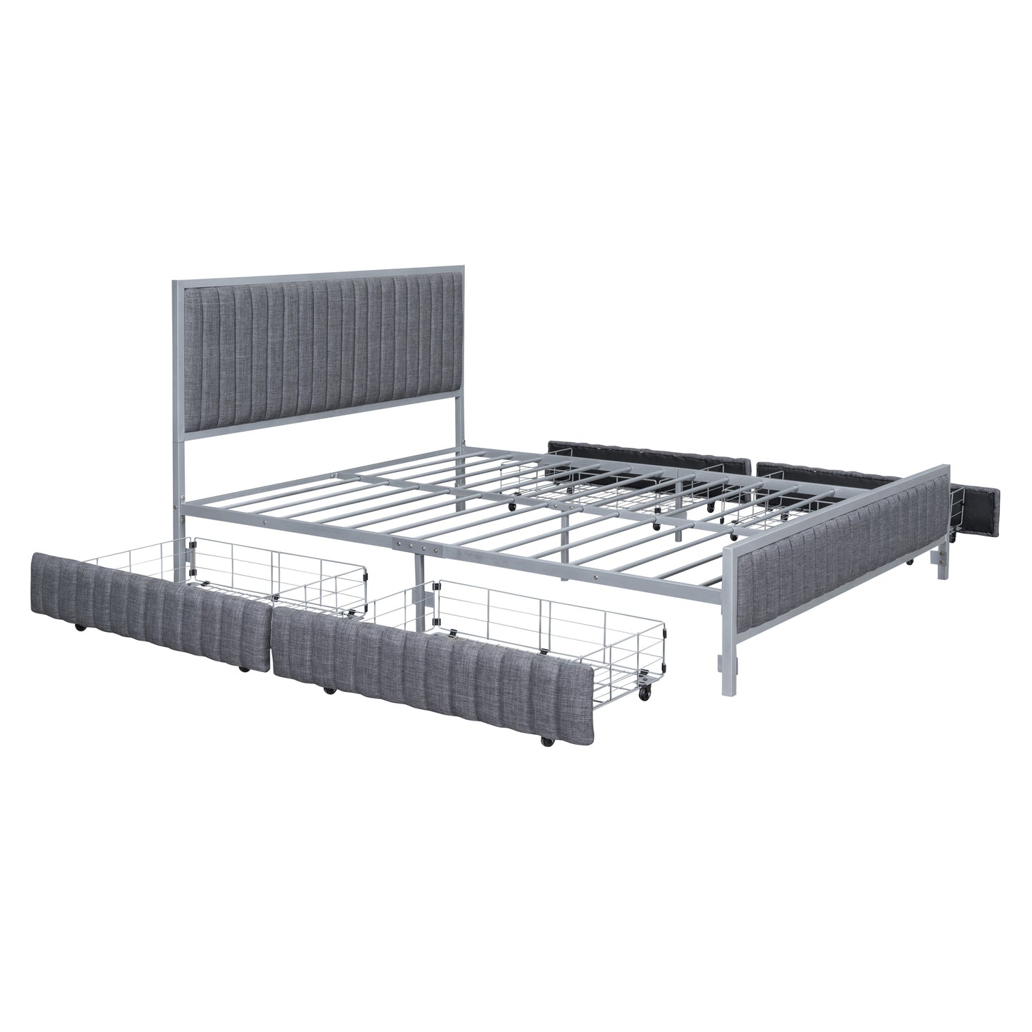 Queen Size Upholstered Platform Bed with 4 Drawers, Linen Fabric, Gray