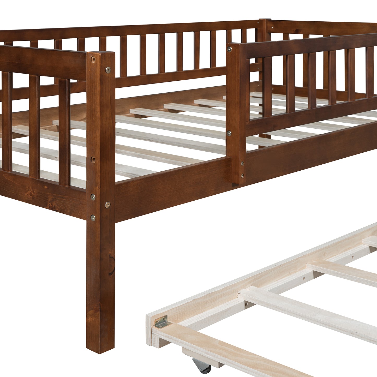 Twin Size Wood Daybed with Trundle and Fence Guardrails, Walnut