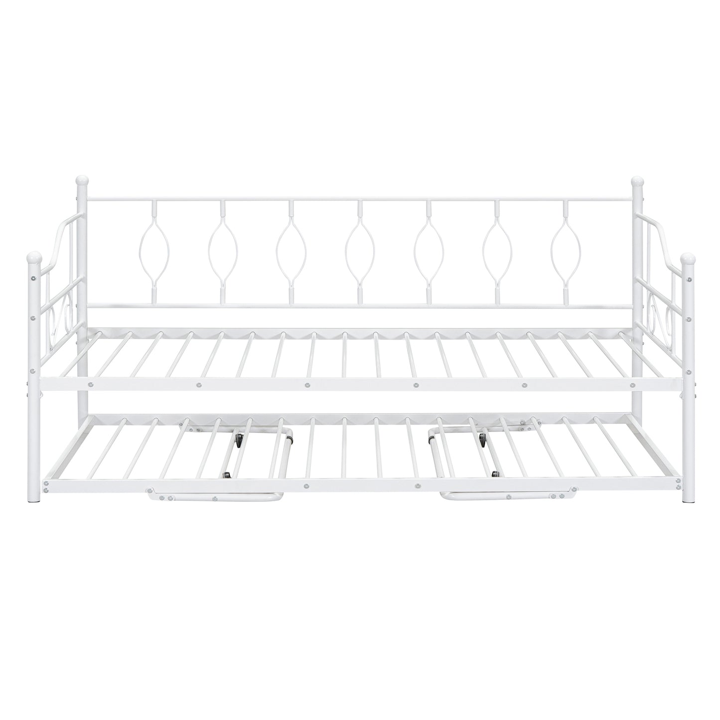 Twin Size Metal Daybed with Twin Size Adjustable Trundle, Portable Folding Trundle, White