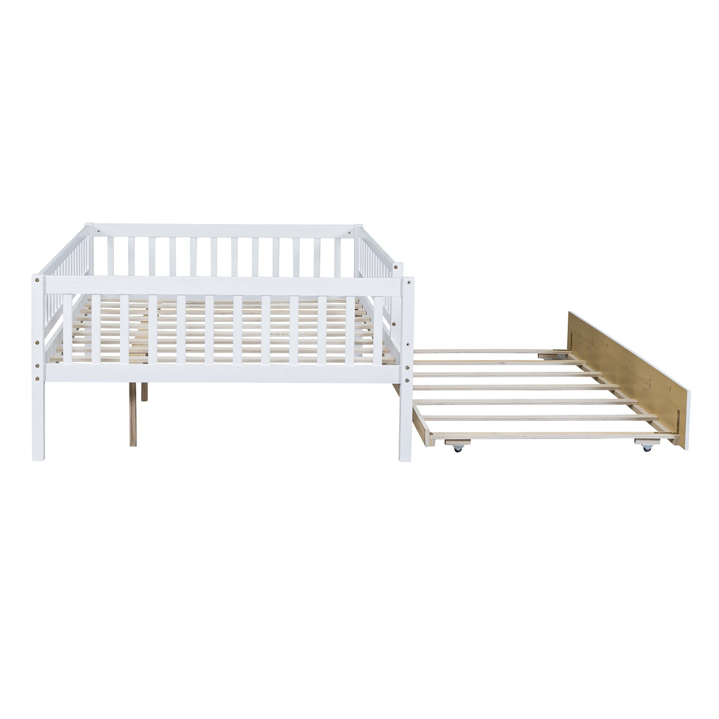 Full Size Wood Daybed with Trundle and Fence Guardrails, White
