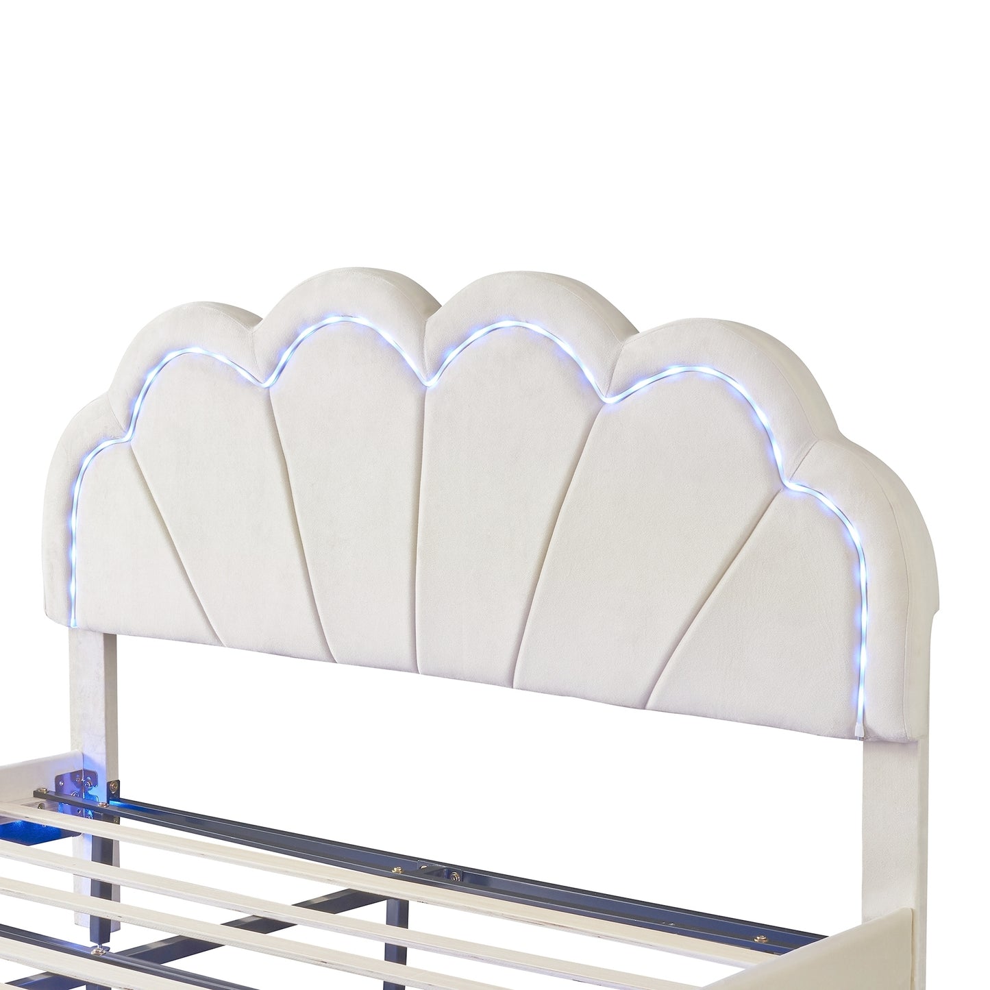 Queen Upholstered Smart LED Bed Frame with Elegant Flowers Headboard,Floating Velvet Platform LED Bed with Wooden Slats Support,Beige