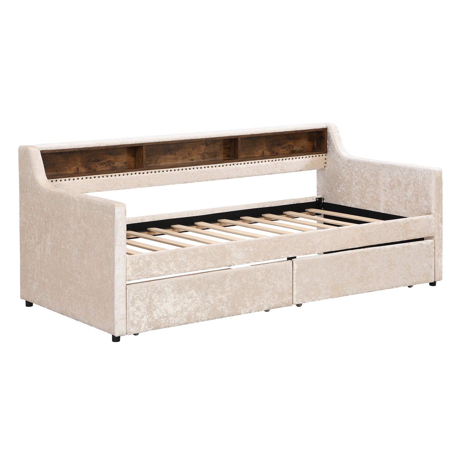 Twin Size Snowflake Velvet Daybed with Two Storage Drawers and Built-in Storage Shelves,Beige