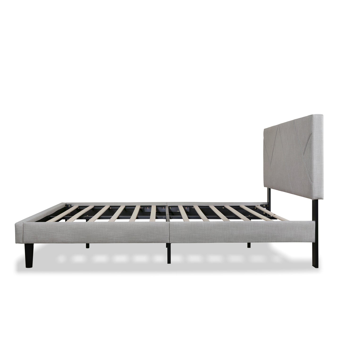 Queen Size Linen Light Beige Sqaure Upholstered Platform Bed With Slat Support