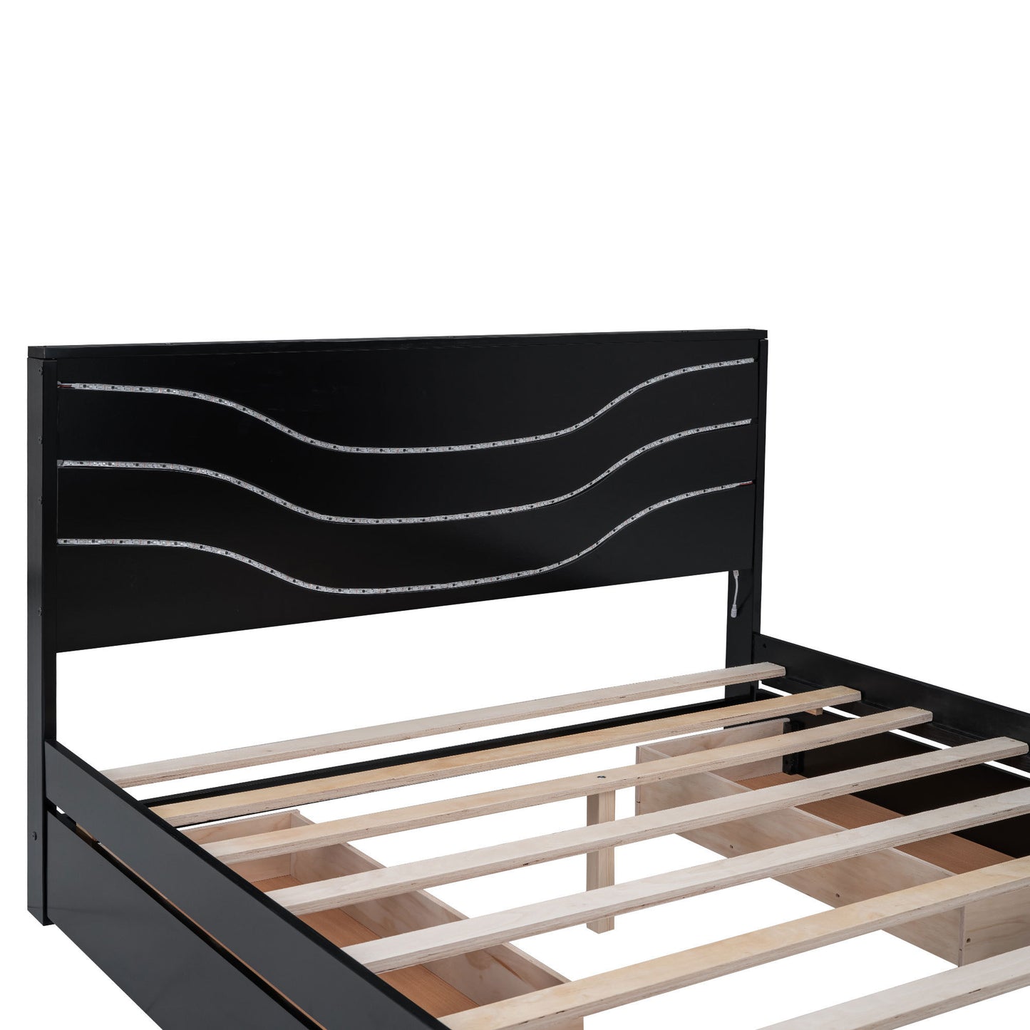 Queen Size Wood Storage Platform Bed with LED and 4 Drawers, Black