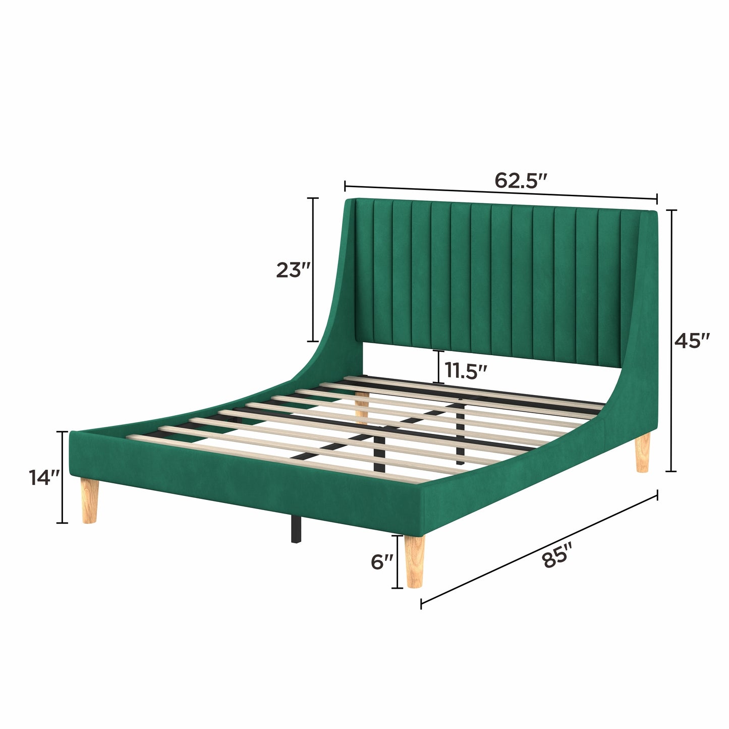 Queen Size Platform Bed with Upholstered Headboard and Slat Support, Heavy Duty Mattress Foundation, No Box Spring Required, Easy to Assemble,Green