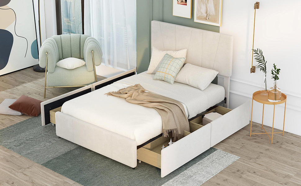 Full Size Upholstery Platform Bed with Four Drawers on Two Sides, Adjustable Headboard, Beige