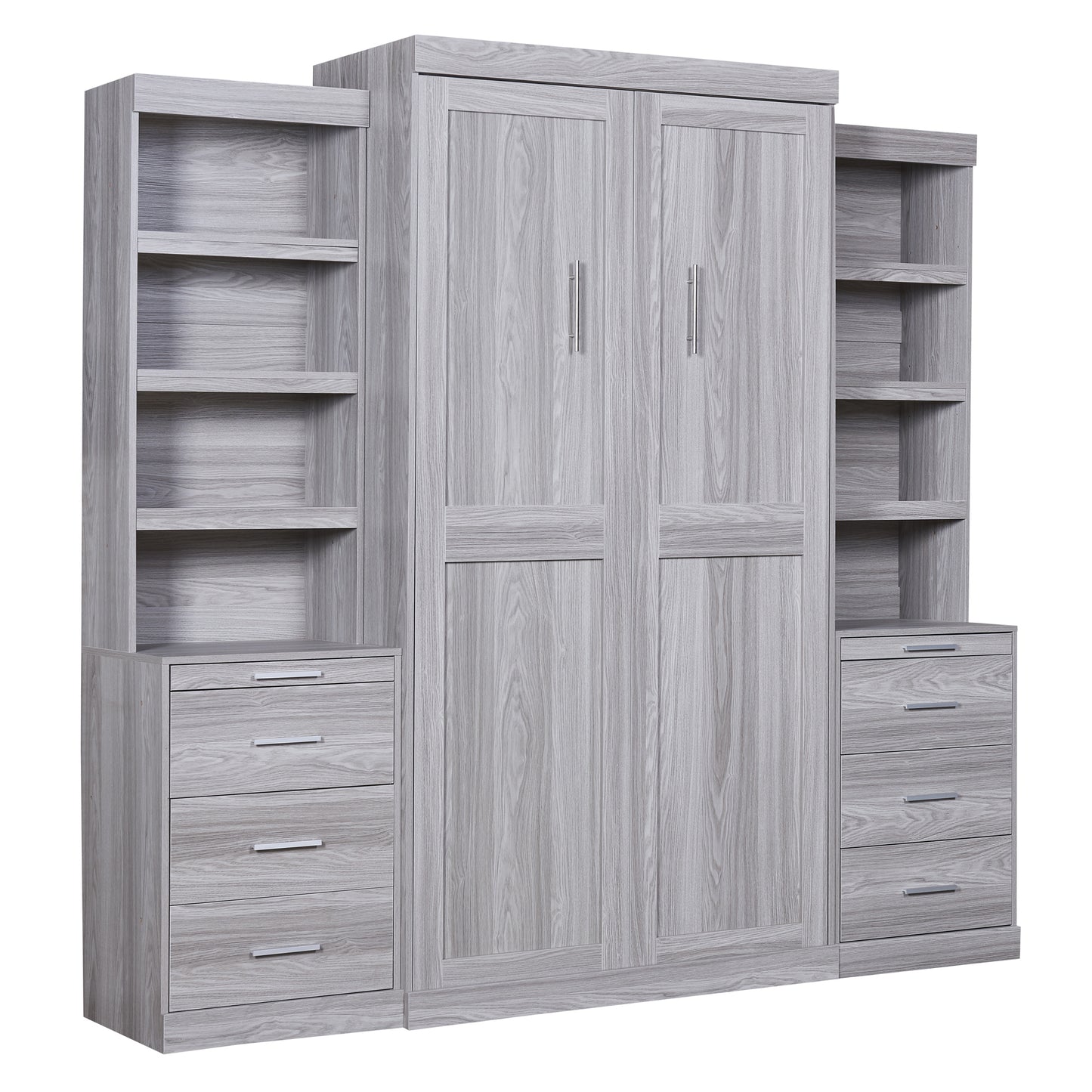 Twin Size Murphy Bed with Storage Shelves and Drawers, Gray