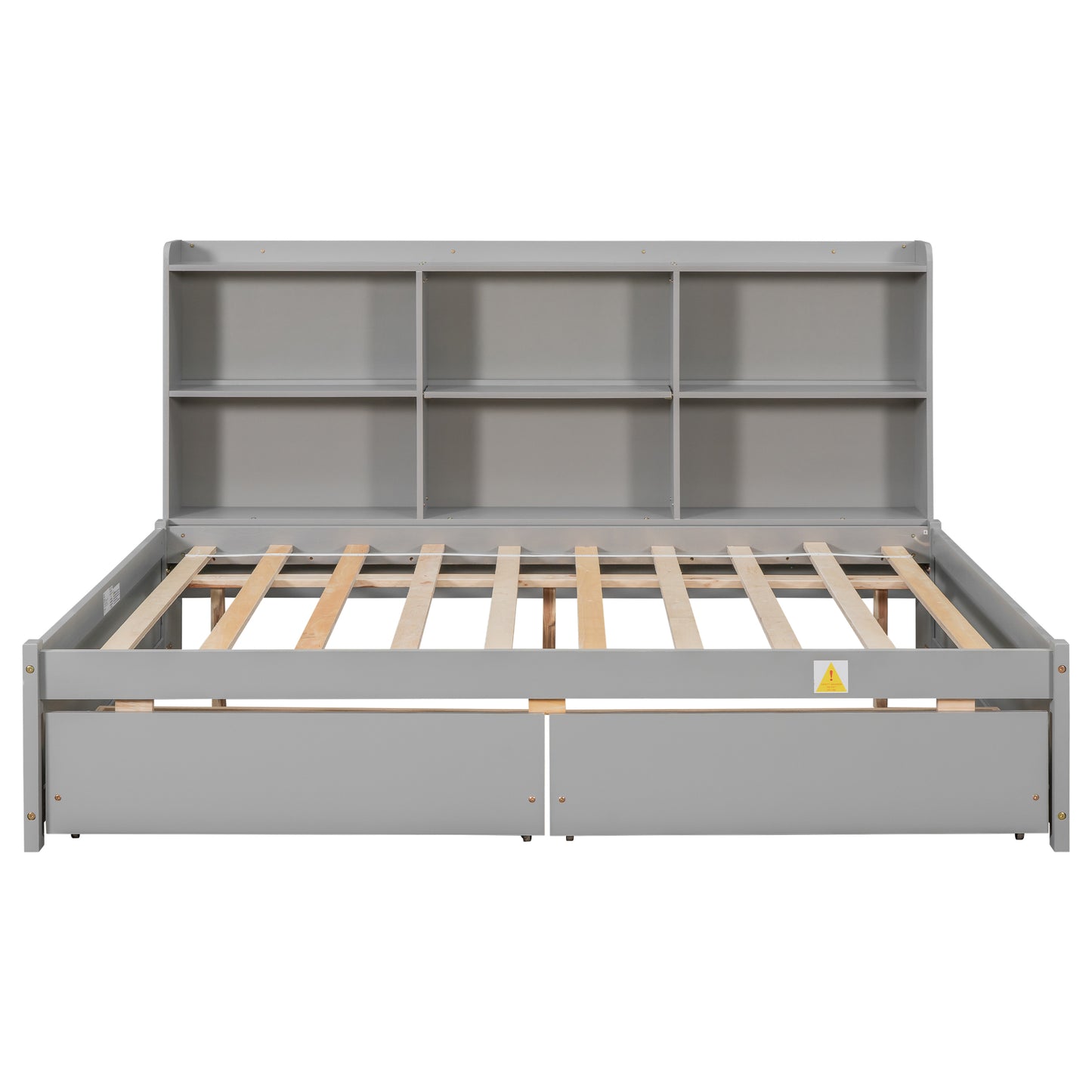 Full Platform Bed with Side Bookcase, Drawers, Grey