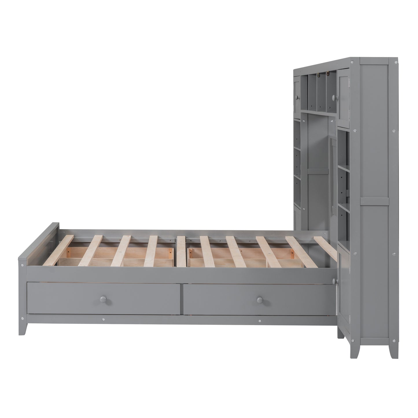 Full Size Wooden Platform Bed With All-in-One Cabinet and Shelf, Gray