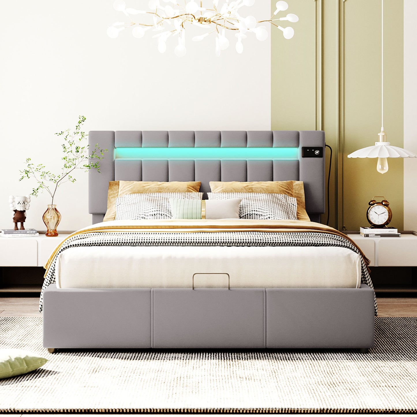 Queen Size Upholstered Platform Bed with LED light, Bluetooth Player and USB Charging, Hydraulic Storage Bed in Gray Velvet Fabric