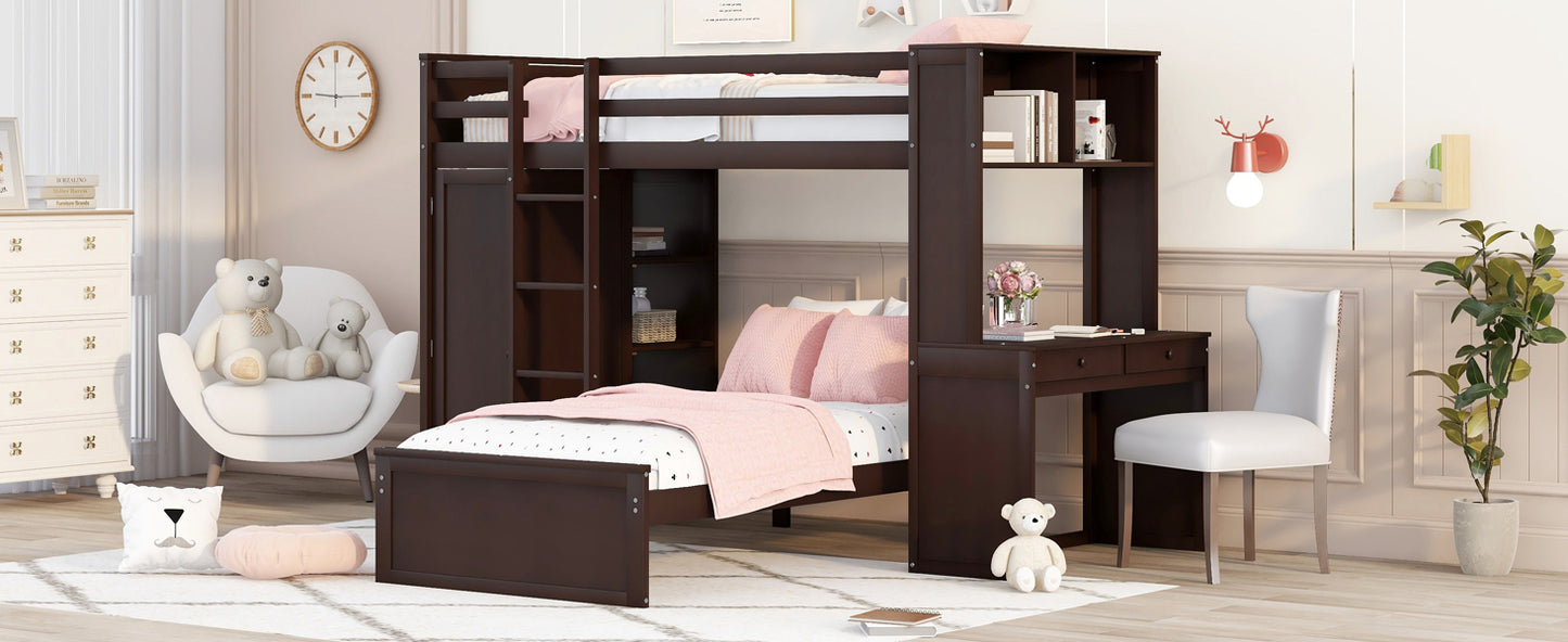 Twin size Loft Bed with a Stand-alone bed, Shelves,Desk,and Wardrobe-Espresso