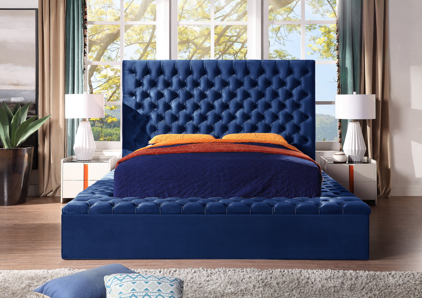 Contemporary Velvet Upholstered Bed with Storage Locker, Deep Button Tufting, Solid Wood Frame, High-density Foam, Queen Size