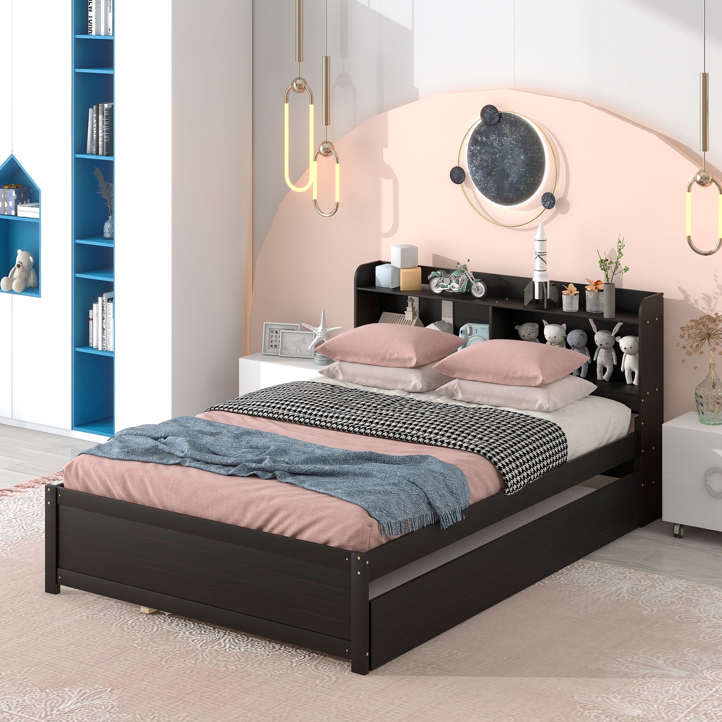 Full Platform Bed with Trundle, Bookcase, Espresso