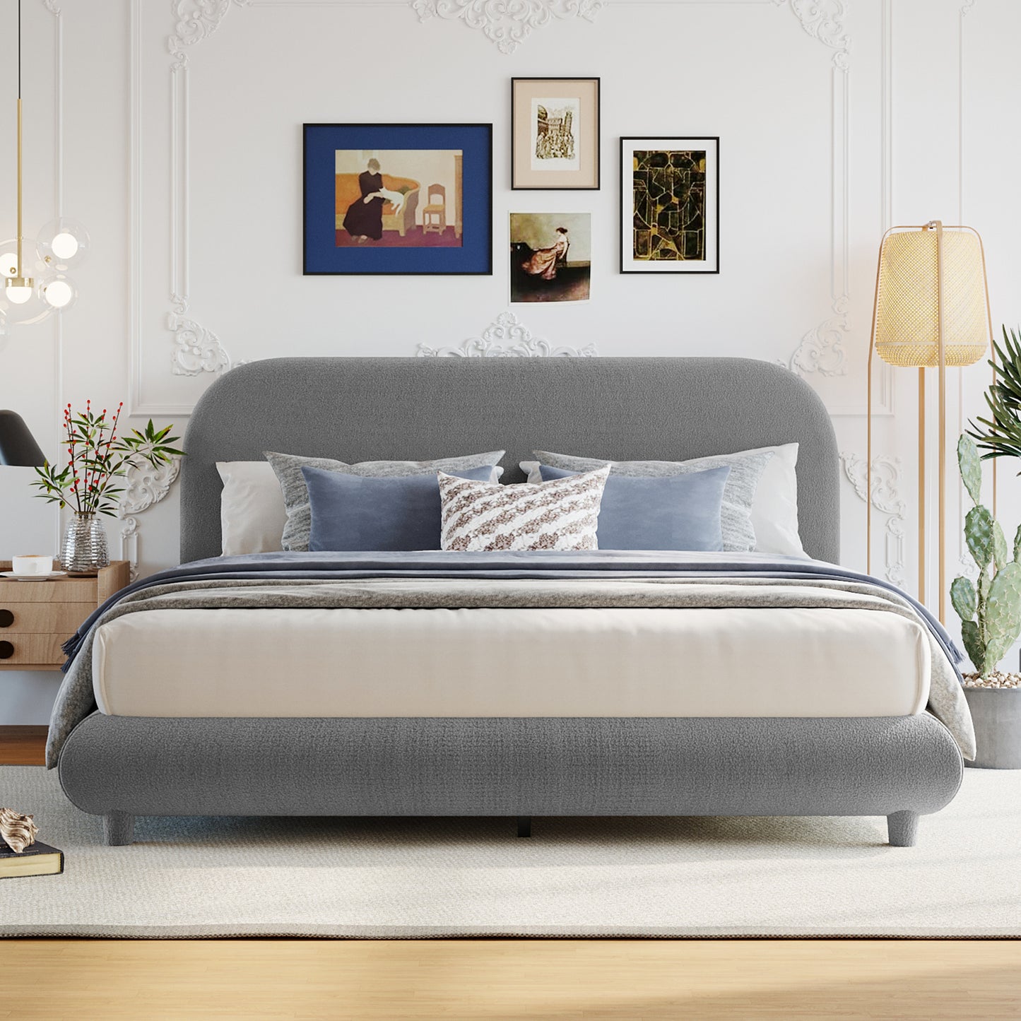 Teddy Fleece Queen Size Upholstered Platform Bed with Thick Fabric, Solid Frame and Stylish Curve-shaped Design, Gray