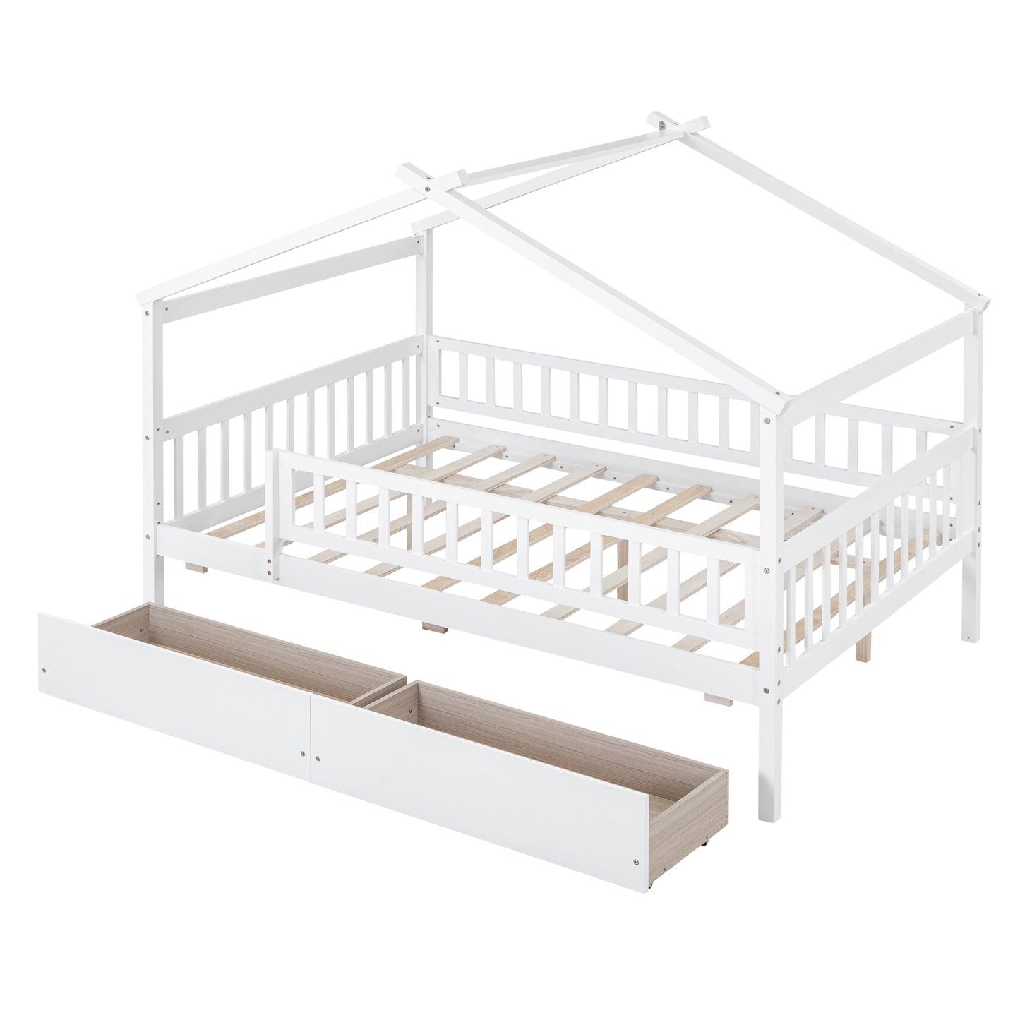 Full Size Wooden House Platform Bed with Two Drawers, White