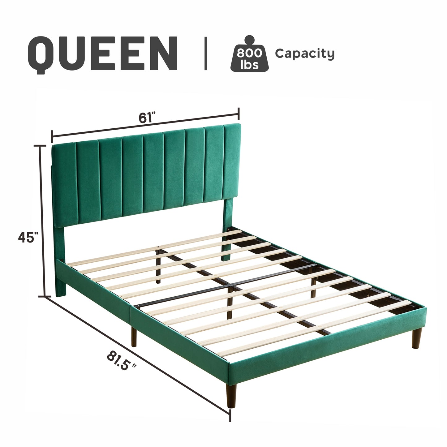 Queen Size Platform Bed with Upholstered Headboard and Slat Support, Heavy Duty Mattress Foundation, No Box Spring Required, Easy to Assemble, Green