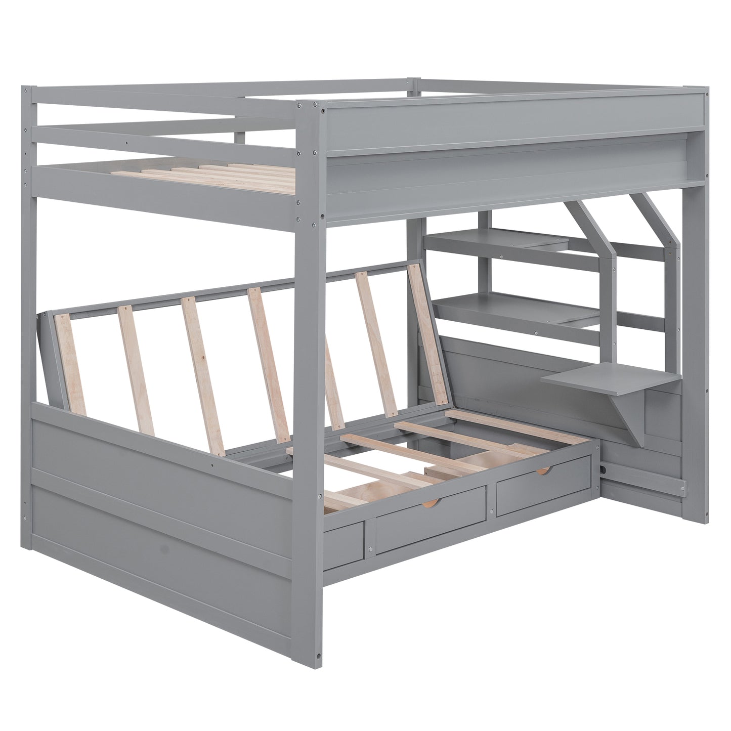 Wood Full Size Convertible Bunk Bed with Storage Staircase, Bedside Table, and 3 Drawers, Gray