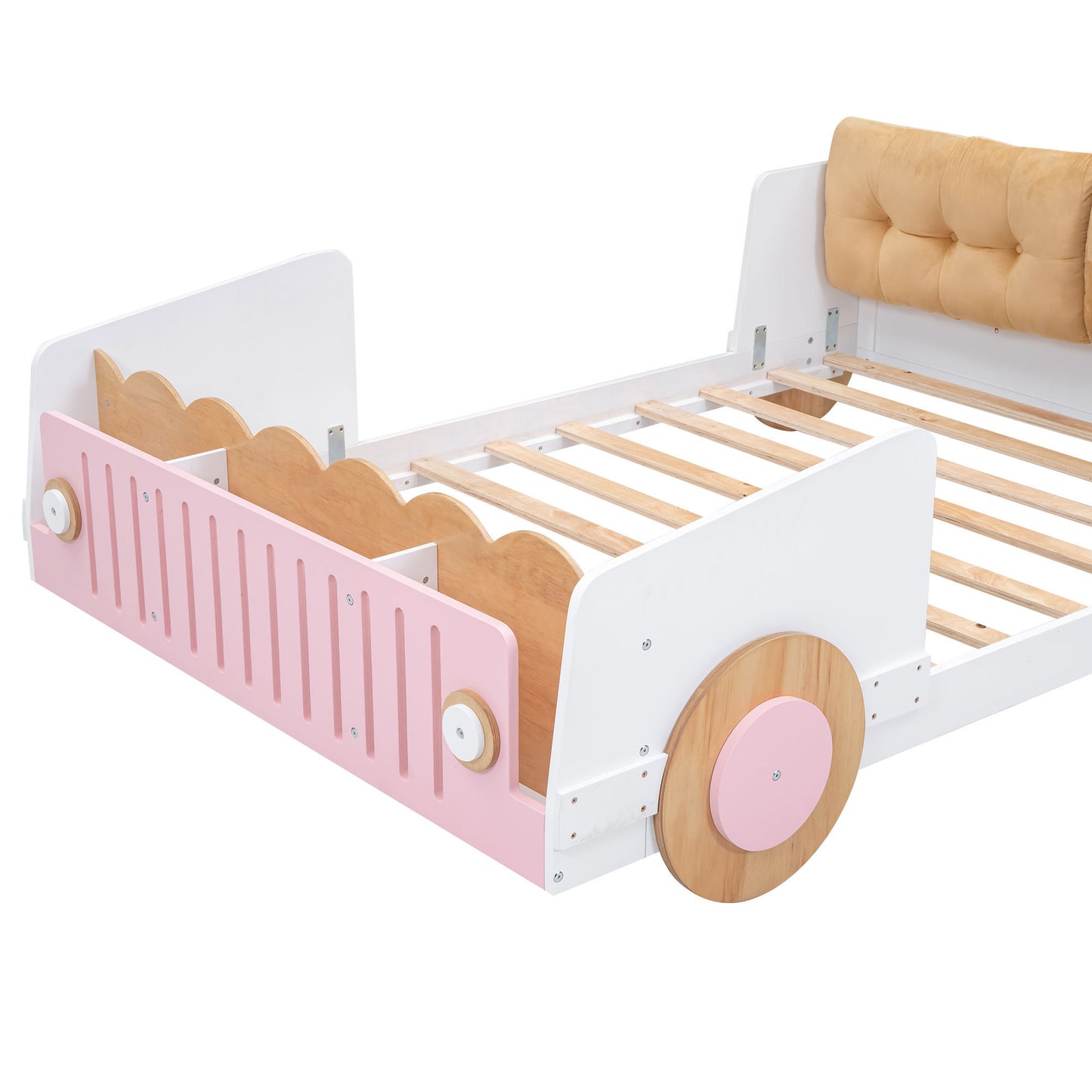 Full size Car-shaped platform bed with Soft cushion and shelves on the footboard, White