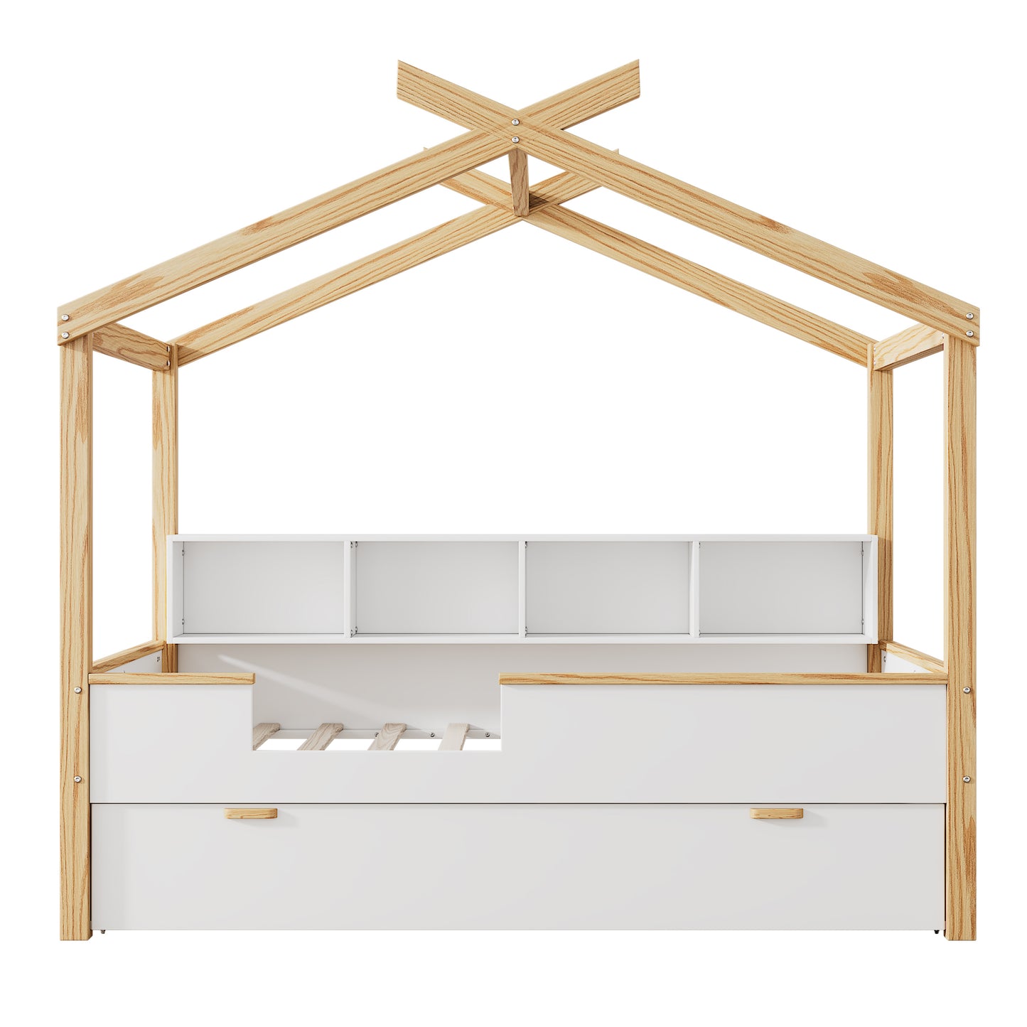 White Full Size Wooden House Platform Bed with Original Wood Colored Frame Twin Size Trundle and Bookshelf Storage Space for Children or Guest Room