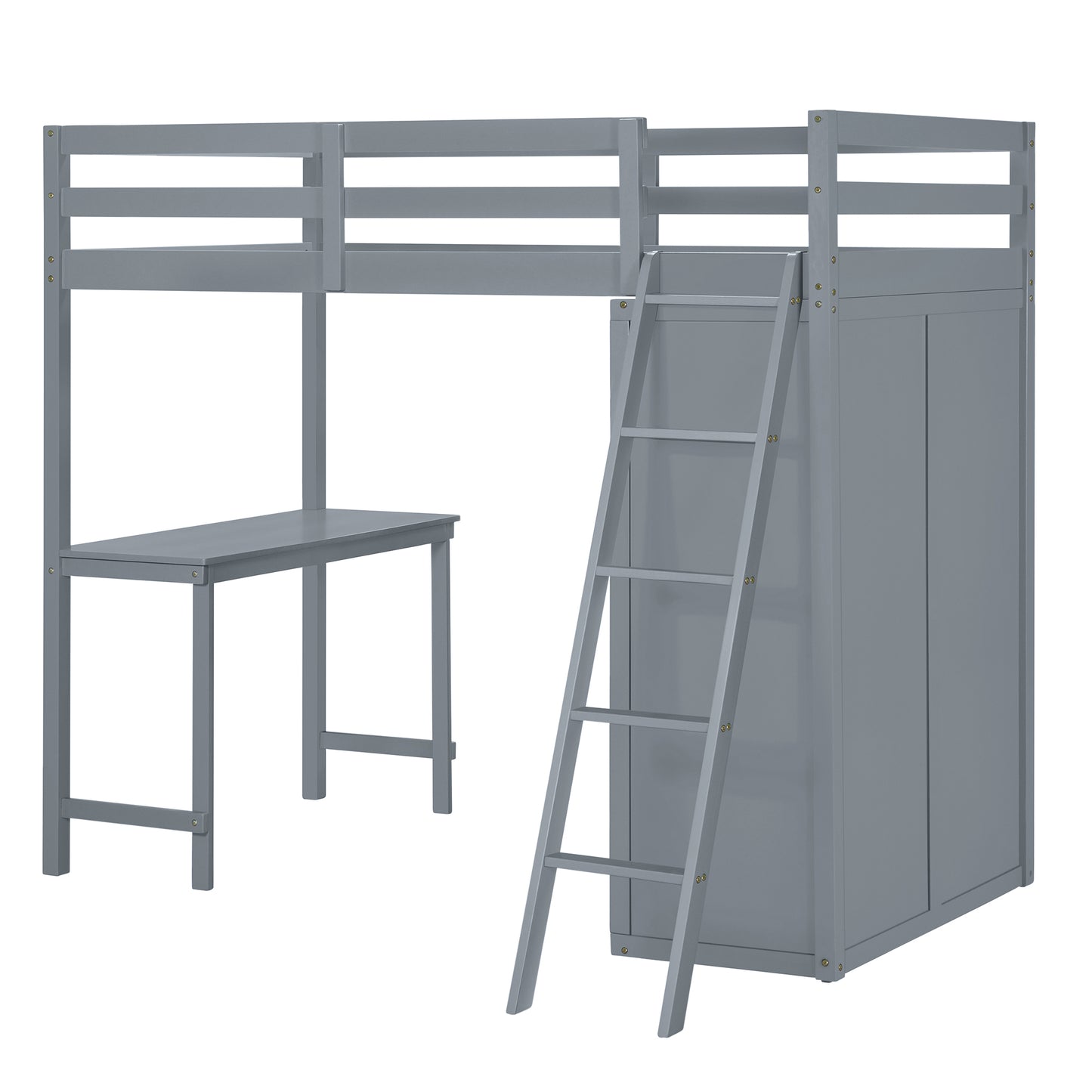 Twin Size Loft Bed with Wardrobe and Desk, Gray