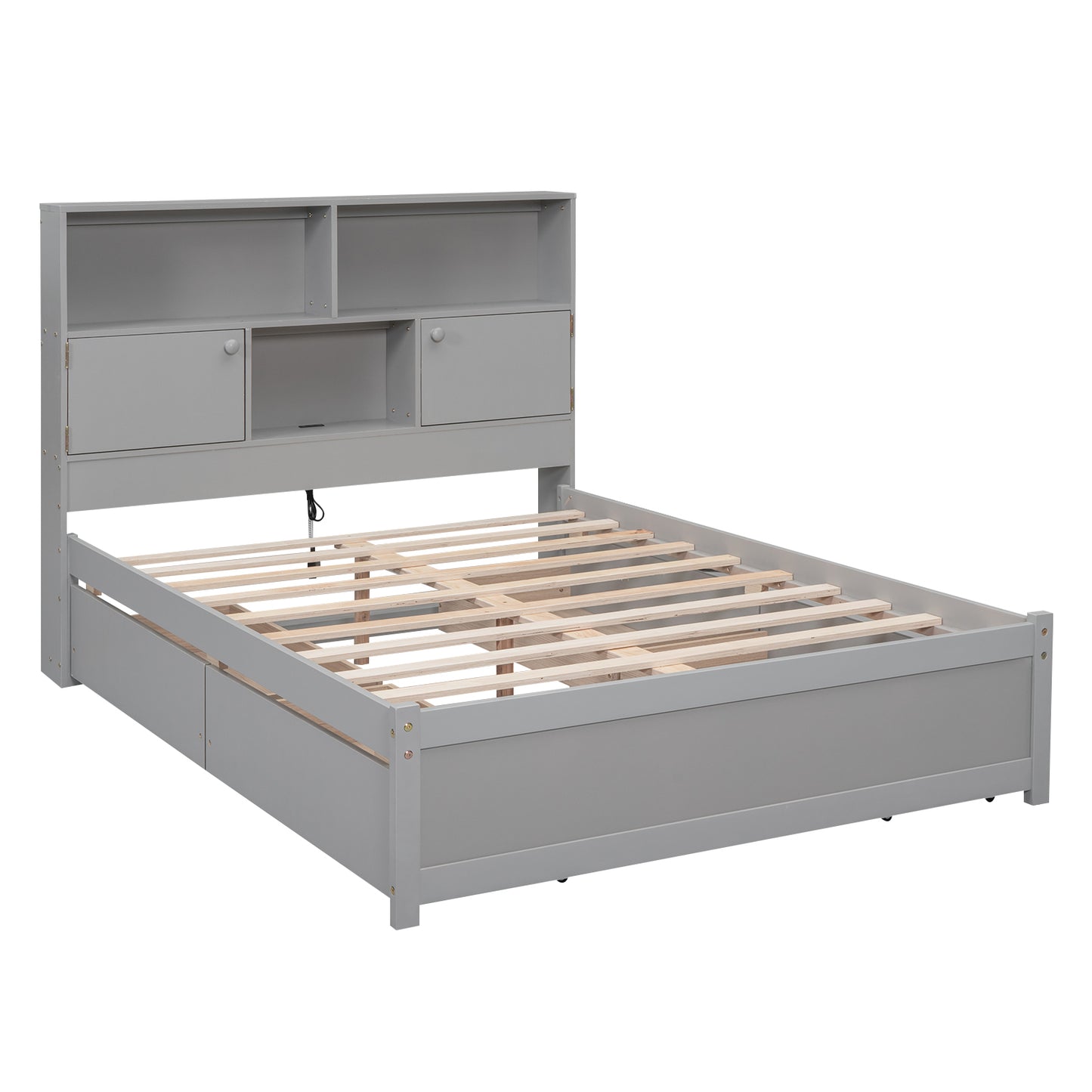 Full Size Platform Bed with Storage Headboard, Charging Station and 4 Drawers, Gray