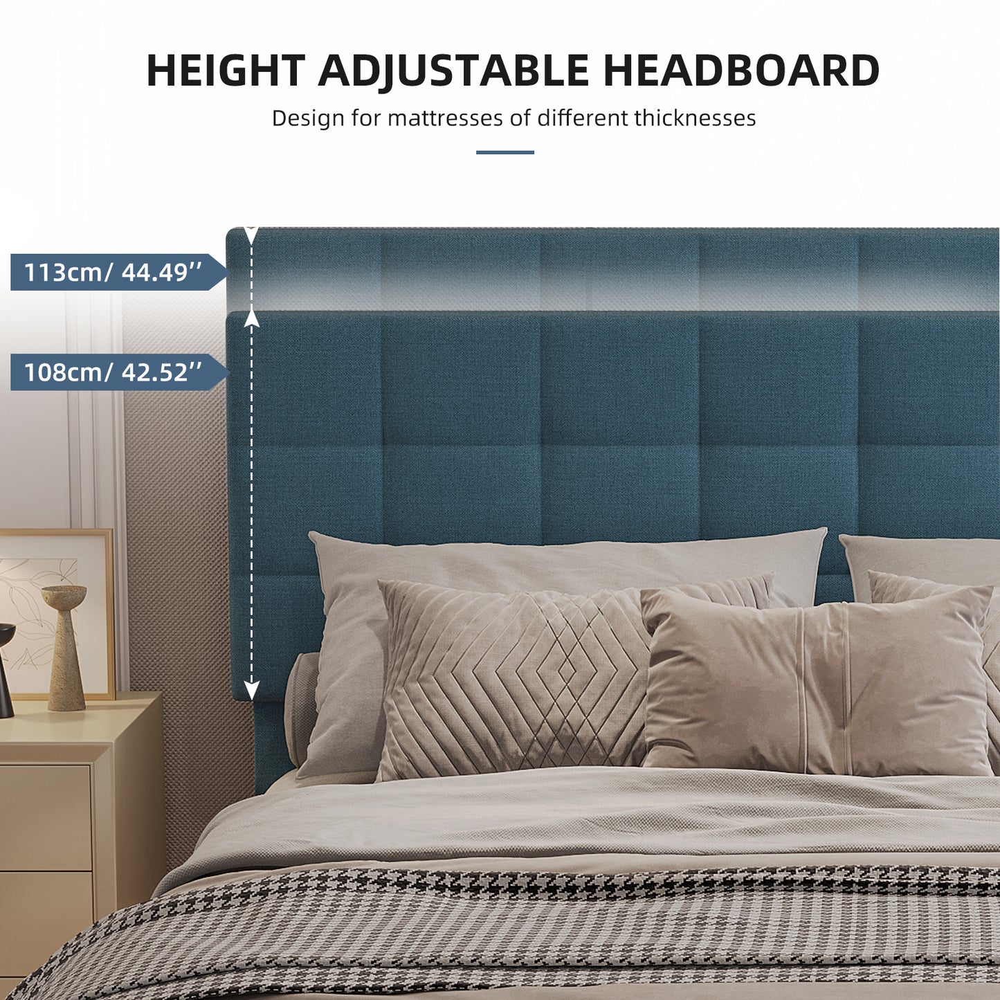 Queen Size Upholstered Platform Bed Linen Bed Frame with Lights Square Stitched Adjustable Headboard Strong Bed Slats System No Box Spring Needed Blue