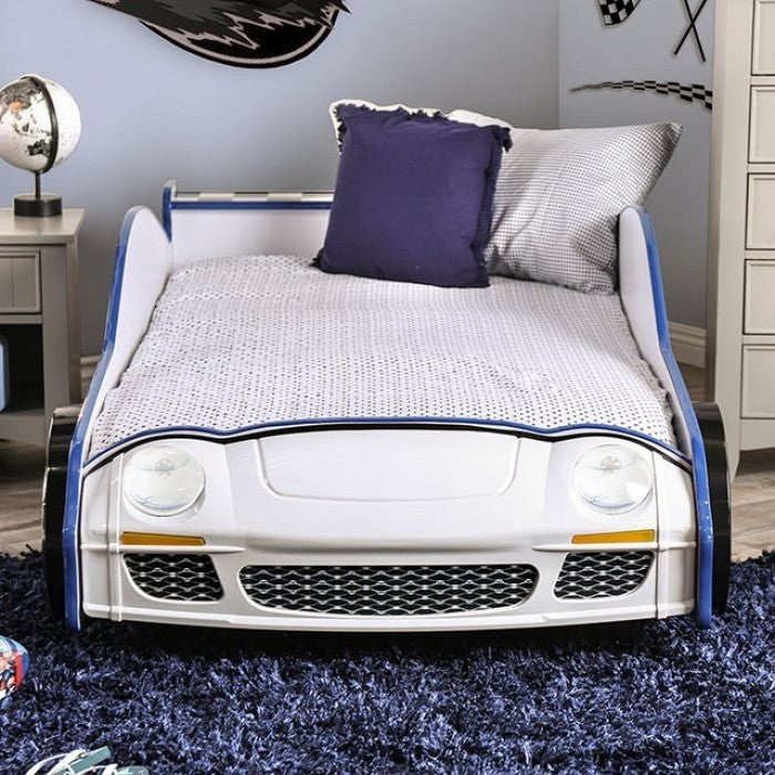 Twin Platform Bed, Race Car Design - Blue
