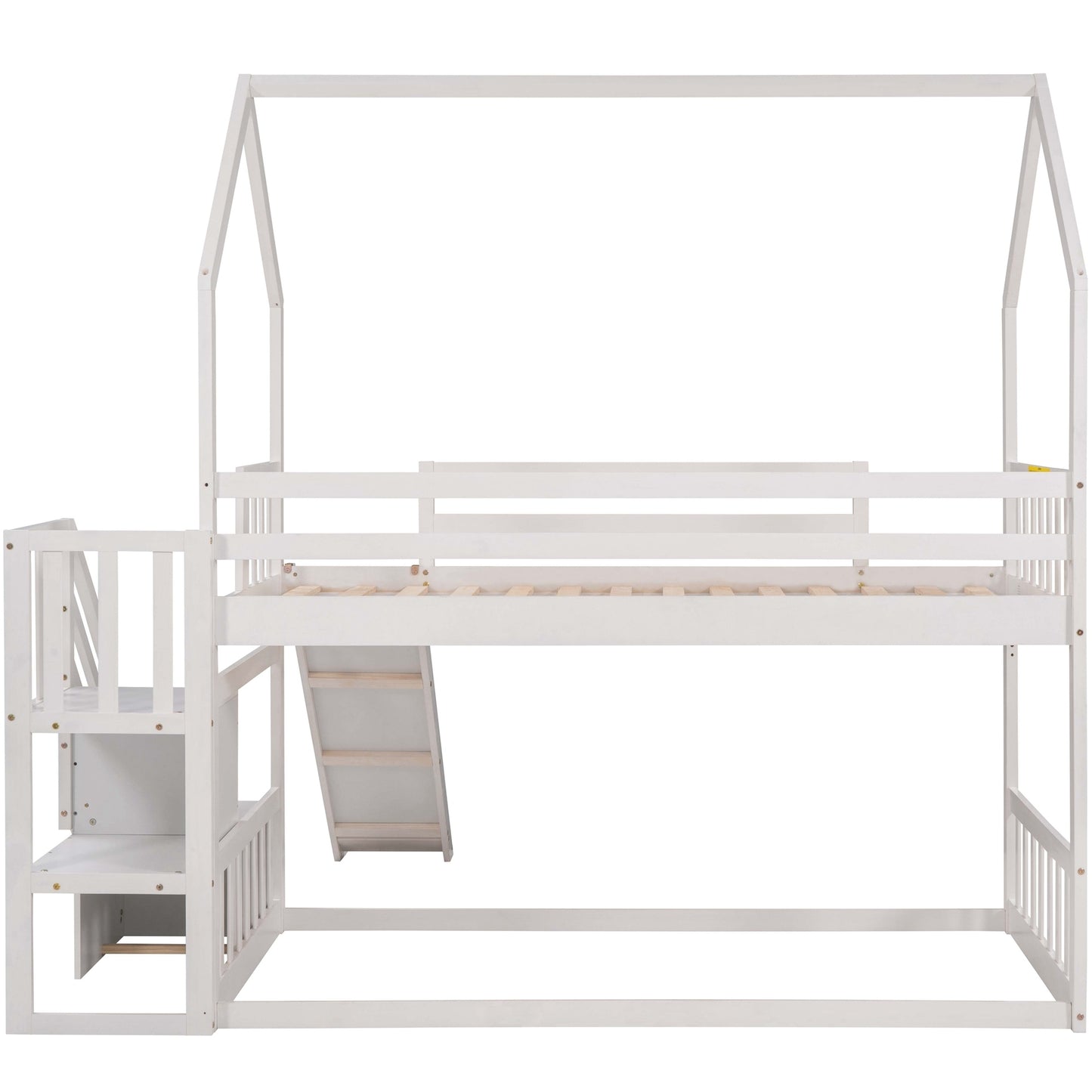 Twin over Twin House Bunk Bed with Convertible Slide,Storage Staircase,White