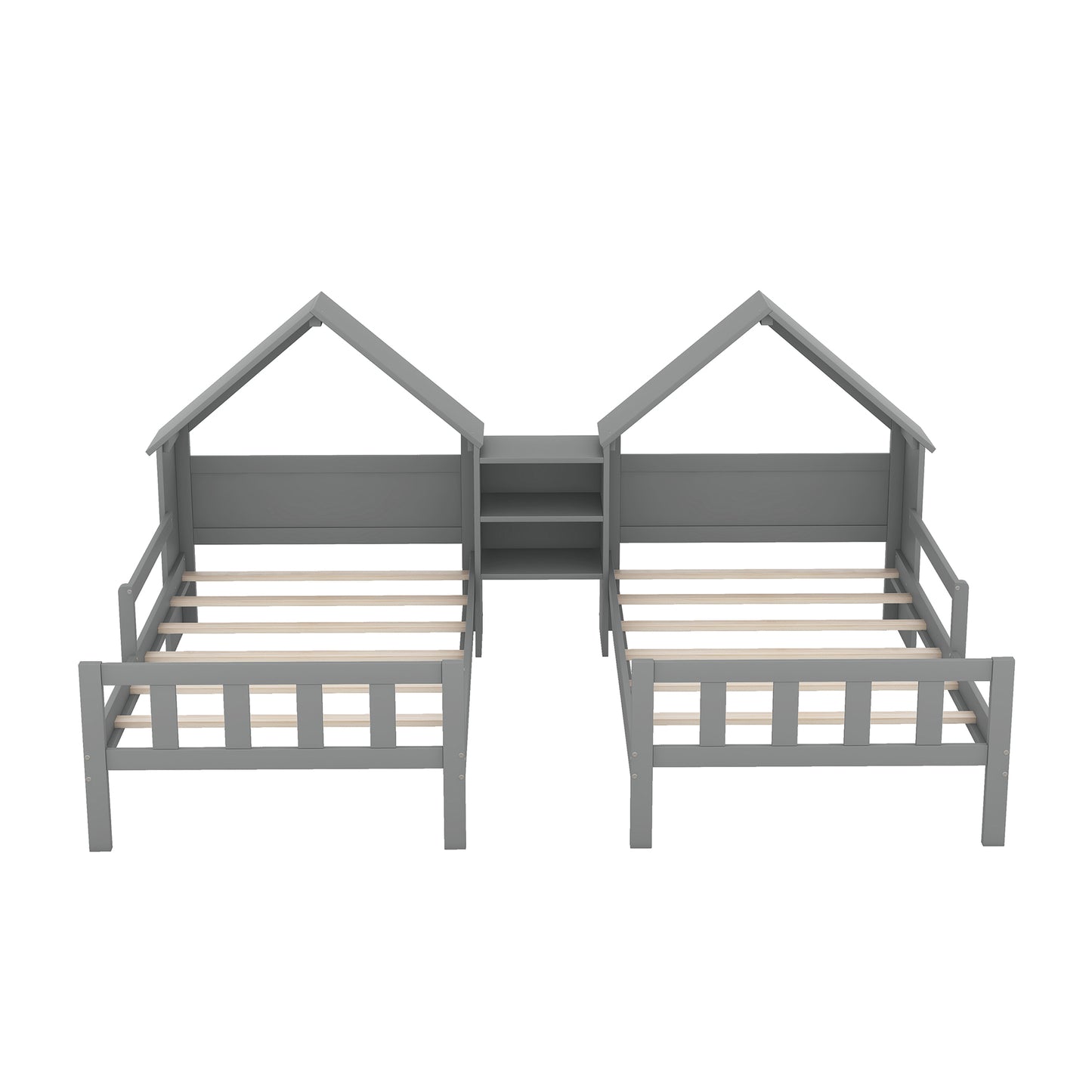 Double Twin Size Platform Bed with House-shaped Headboard and a Built-in Nightstand, Grey
