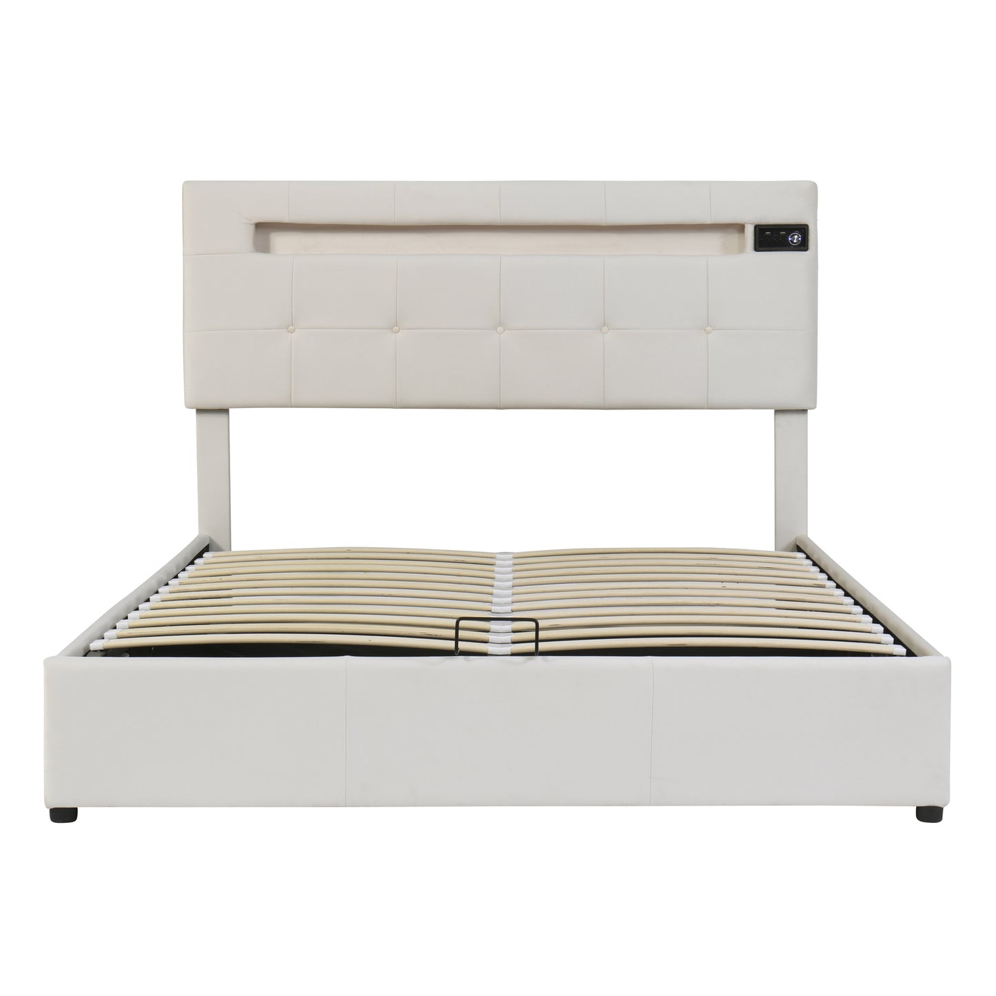 Full Size Upholstered Bed with LED Light and Integrated Bluetooth Audio System, Modern Platform Bed with Hydraulic Storage System and USB Port, Velvet , Beige