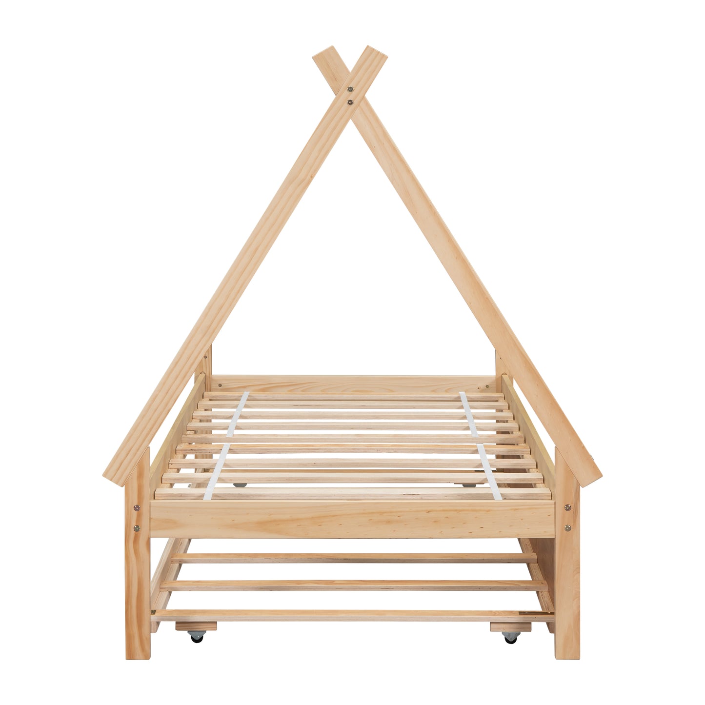 Twin size Tent Floor Platform Bed, Teepee Bed, with Trundle, Natural