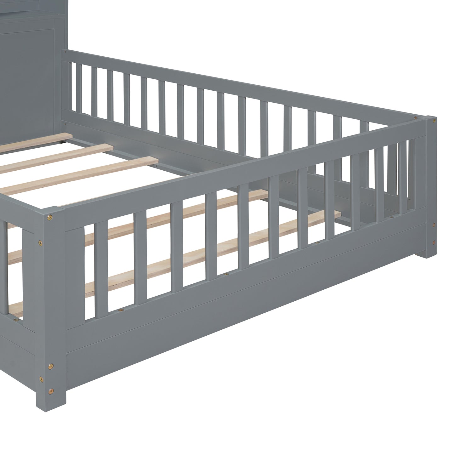 Full Size House Bed with Window and Bedside Drawers, Platform Bed with Shelves and a set of Sockets and USB Port, Gray