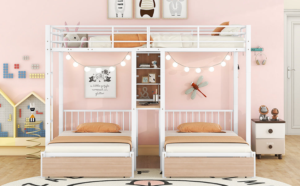 Full Over Twin & Twin Triple Bunk Bed with Drawers, Multi-functional Metal Frame Bed with desks and shelves in the middle, White
