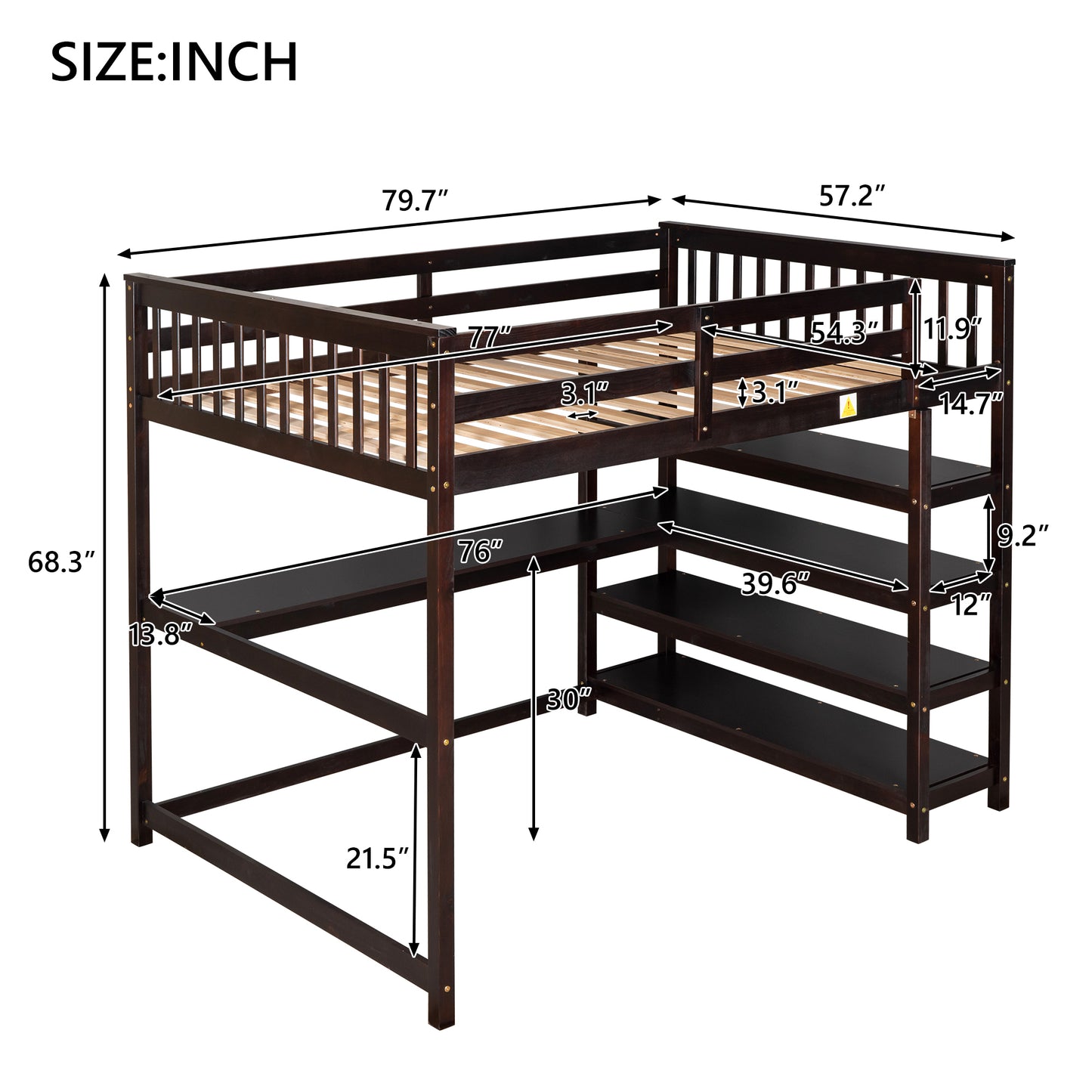 Full Size Loft Bed with Storage Shelves and Under-bed Desk, Espresso
