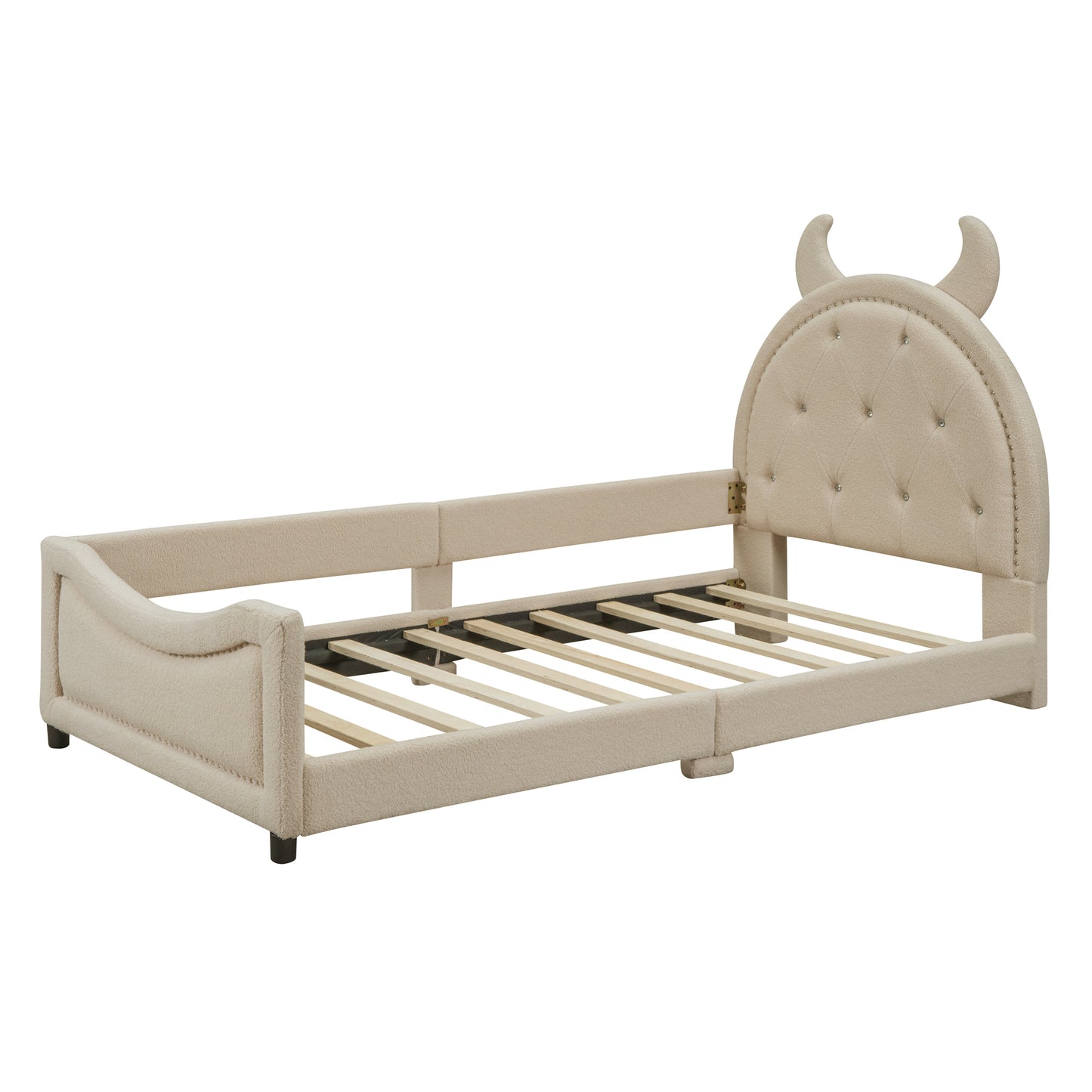Teddy Fleece Twin Size Upholstered Daybed with OX Horn Shaped Headboard, Beige