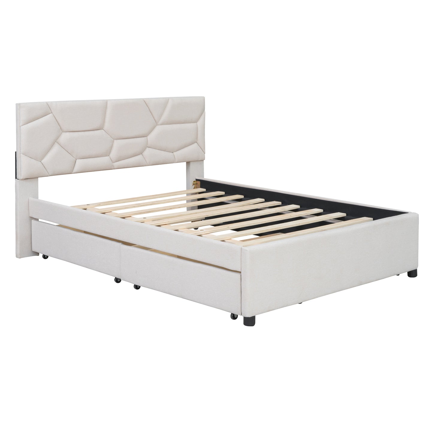 Full Size Upholstered Platform Bed with Brick Pattern Headboard, with Twin Size Trundle and 2 Drawers, Linen Fabric, Beige