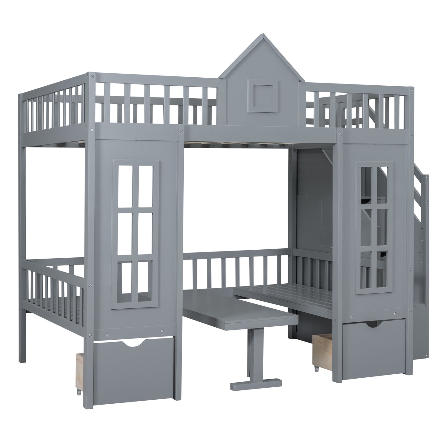 Full-Over-Full Bunk Bed with Changeable Table, Bunk Bed Turn into Upper Bed and Down Desk -Gray