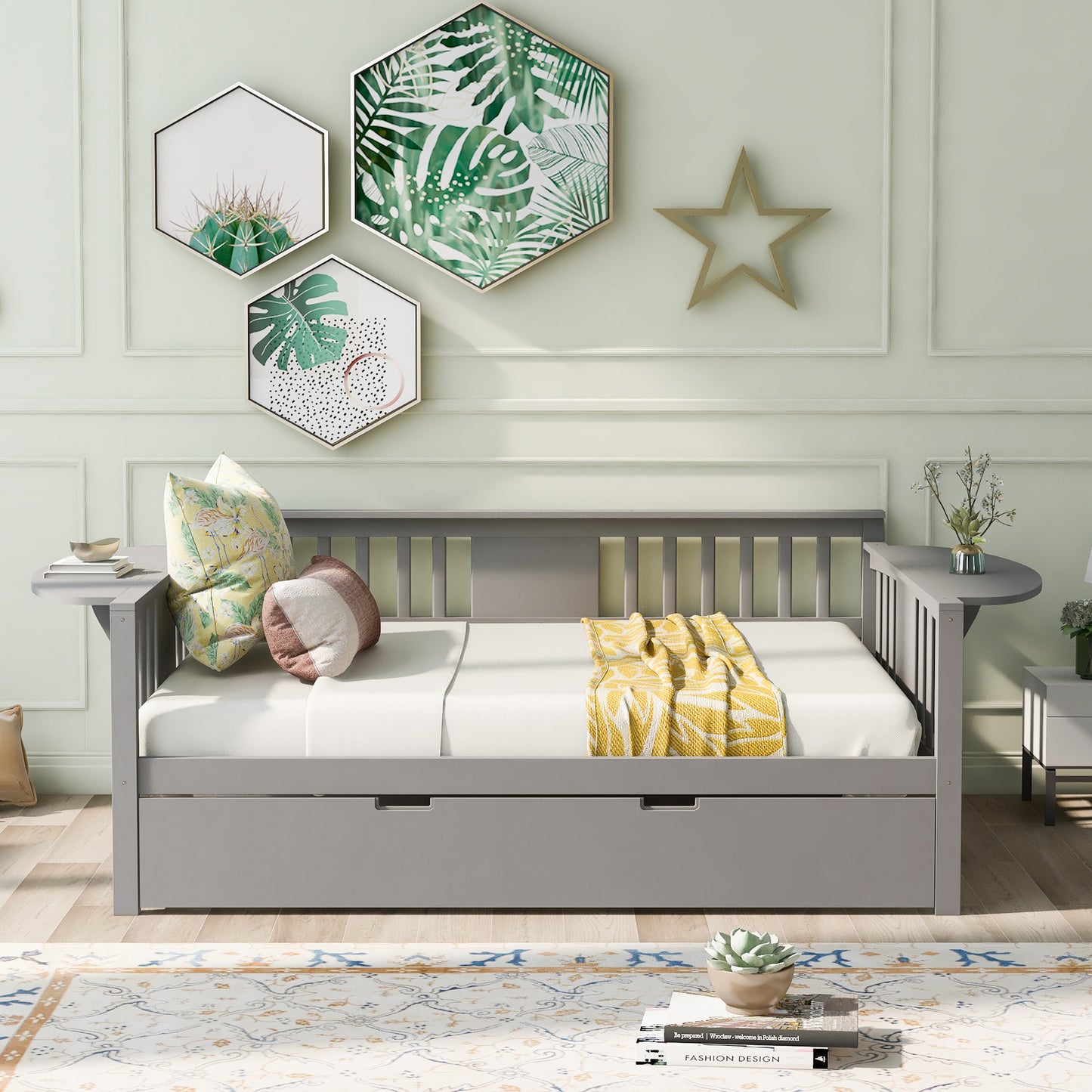 Full size Daybed with Twin size Trundle, Wood Slat Support, Gray