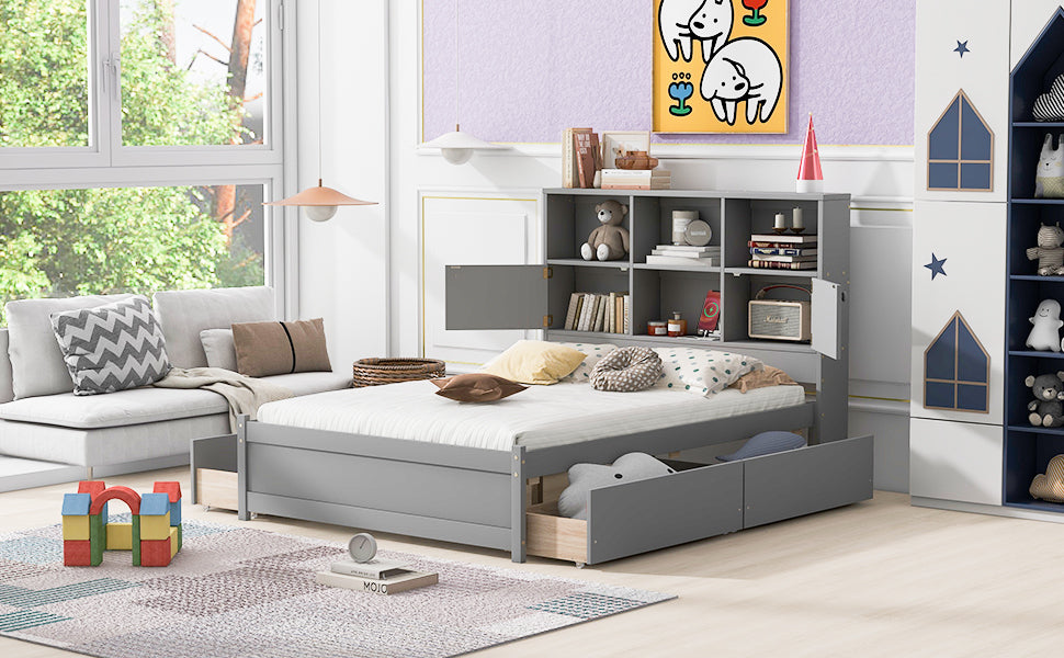 Full Size Platform Bed with Storage Headboard, Charging Station and 4 Drawers, Gray