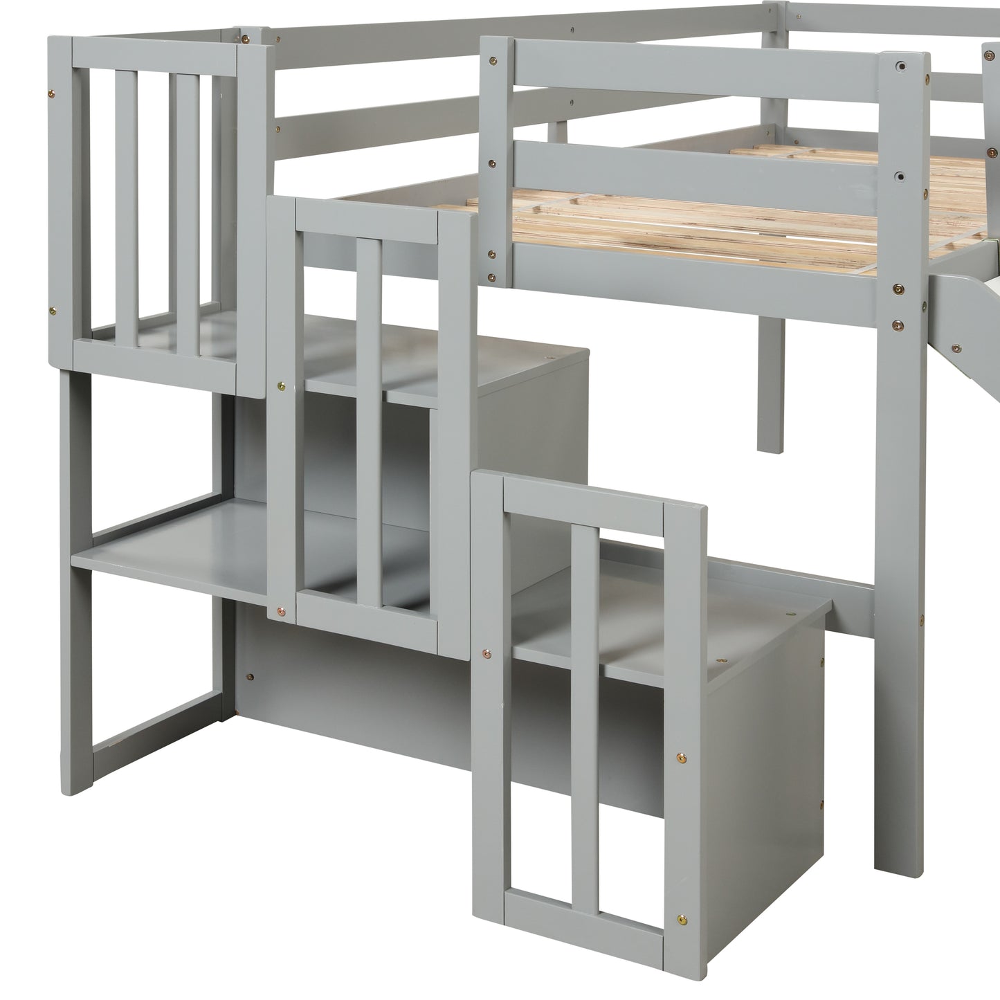 Loft Bed with Staircase, Storage, Slide, Twin size, Full-length Safety Guardrails, No Box Spring Needed, Grey