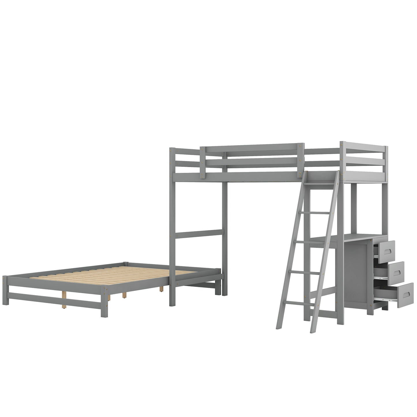 Twin over Full Bunk Bed with Built-in Desk and Three Drawers, Grey