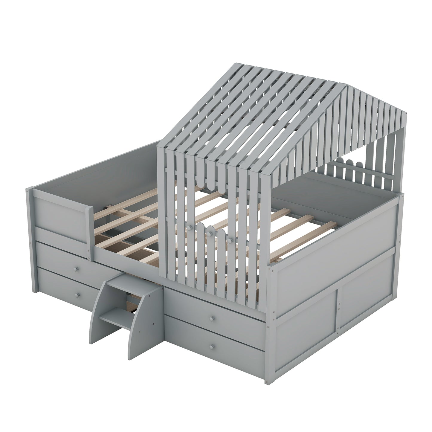 Full Size House Low Loft Bed with Four Drawers,Gray