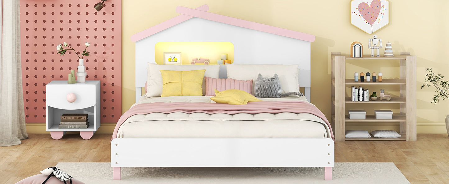 Full Size Wood Platform Bed with House-shaped Headboard and Motion Activated Night Lights (White+Pink)