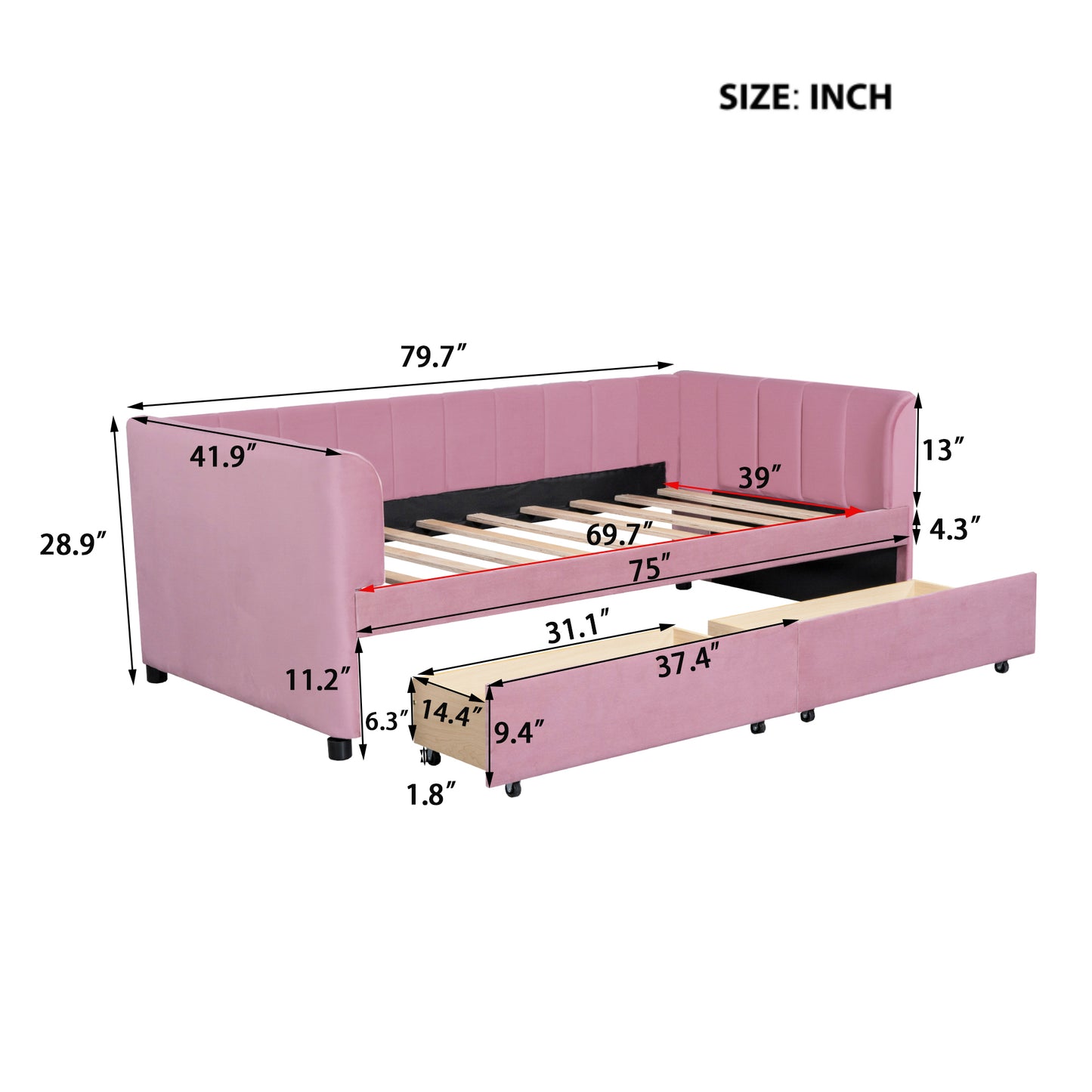 Twin Size Upholstered Daybed with Ergonomic Design Backrest and 2 Drawers, Pink