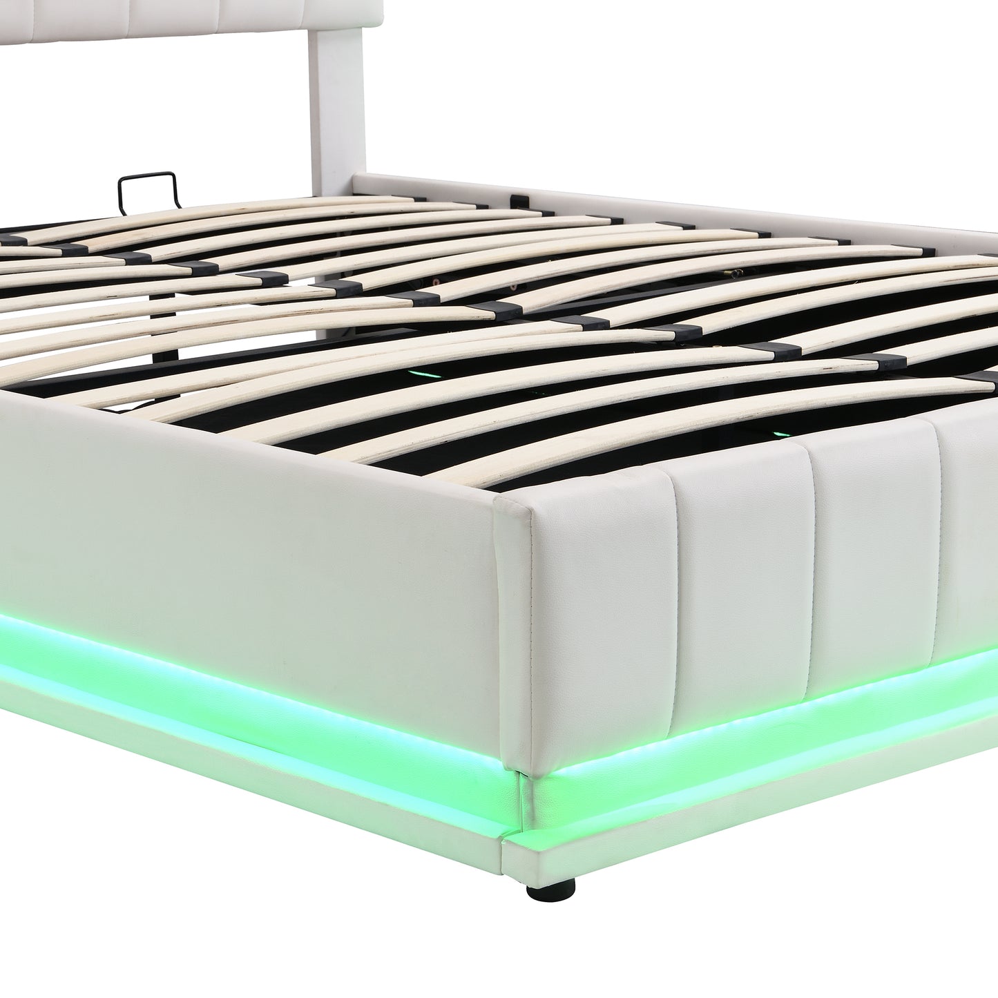 Queen Size Upholstered Bed with Hydraulic Storage System and LED Light, Modern Platform Bed with Sockets and USB Ports, White