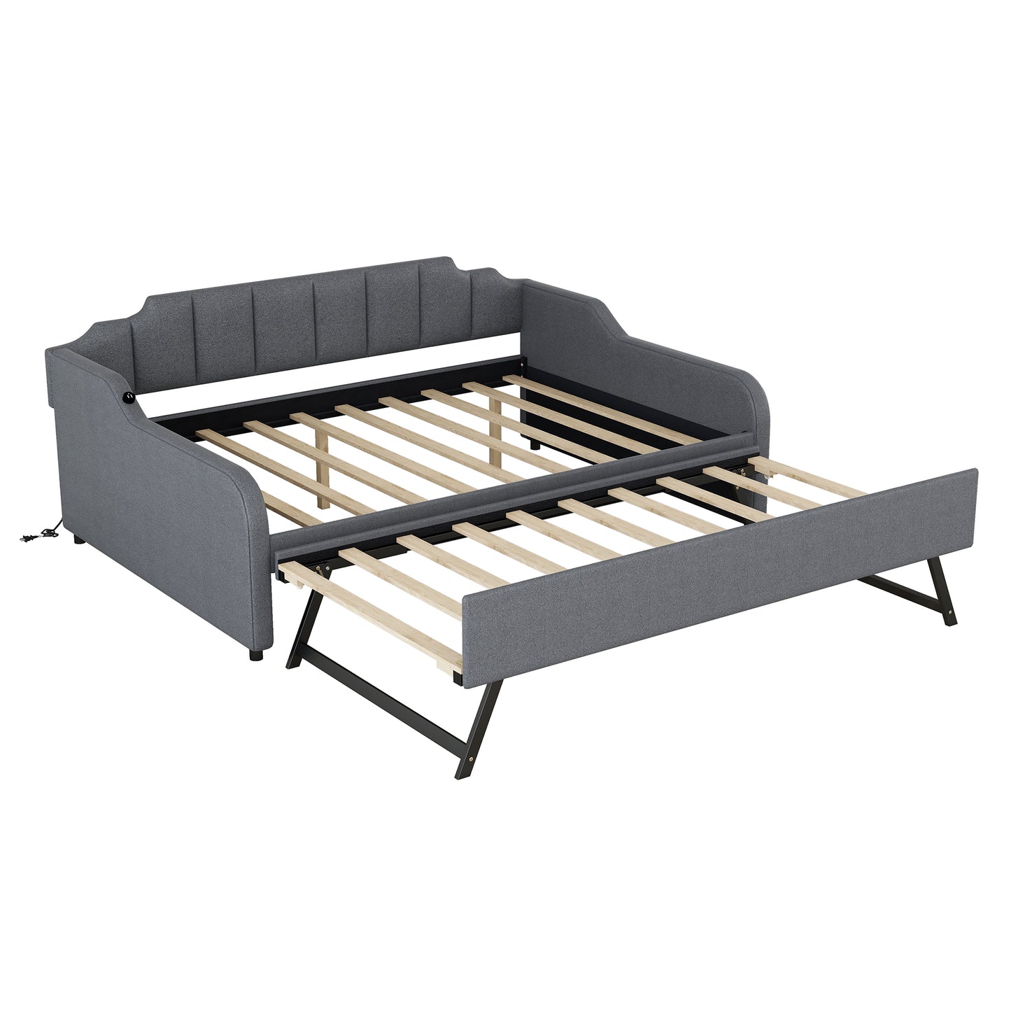 Full Size Upholstery Daybed with Trundle and USB Charging Design,Trundle can be flat or erected,Gray